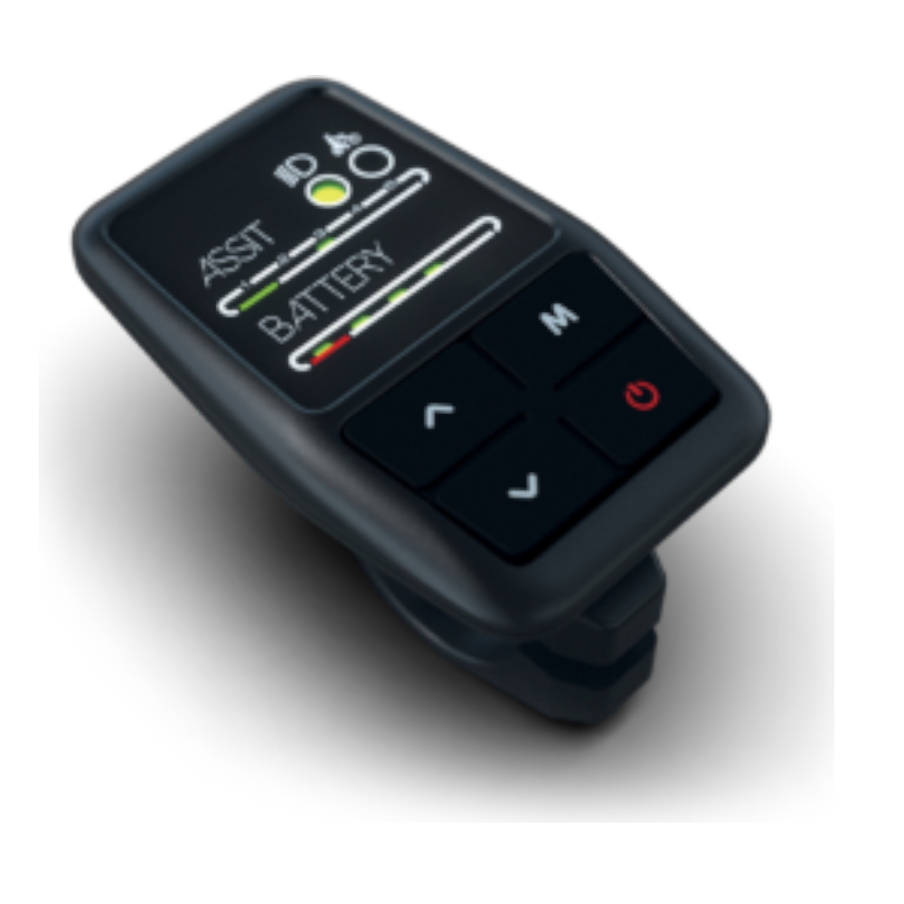 Un dispositivo nero con schermo che mostra la durata della batteria e altre icone. Ha pulsanti per i controlli e l'accensione.