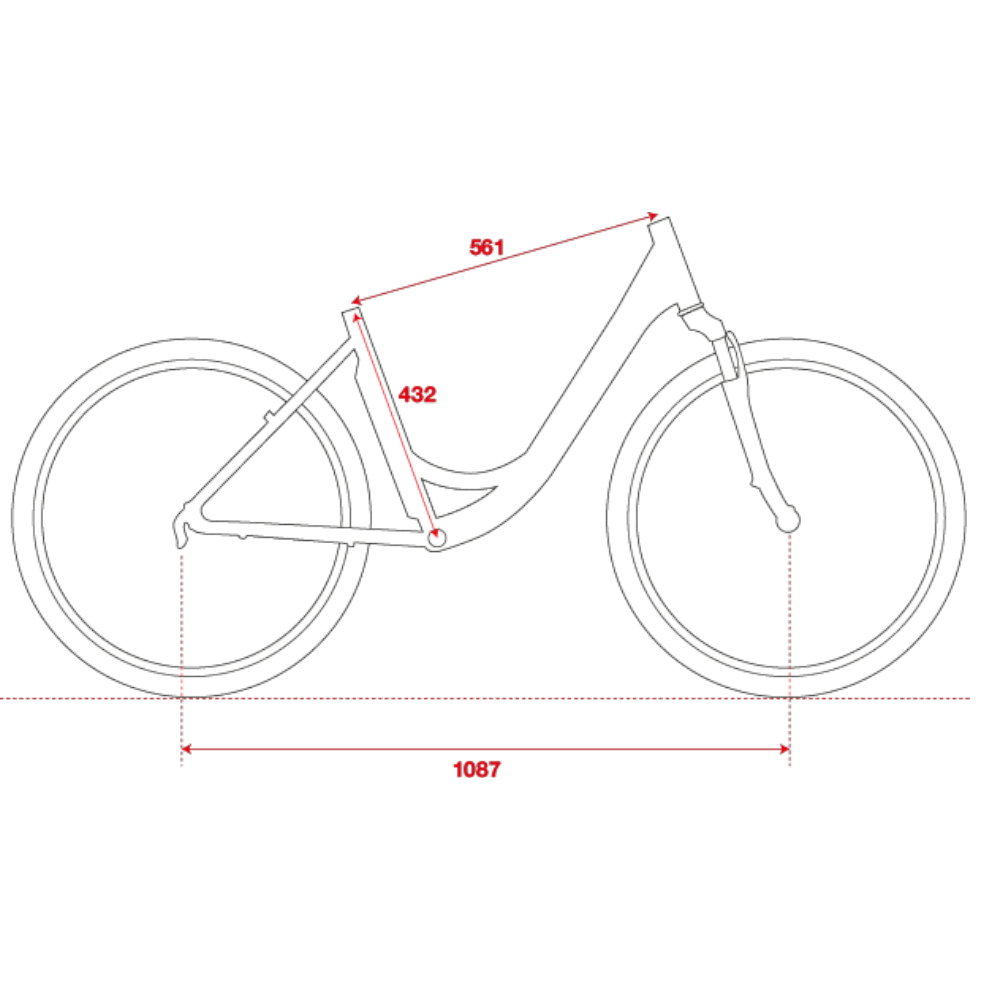 Contorno di bicicletta bianca con misure: 561, 432 e 1087. Sfondo nero con linee di misurazione rosse.