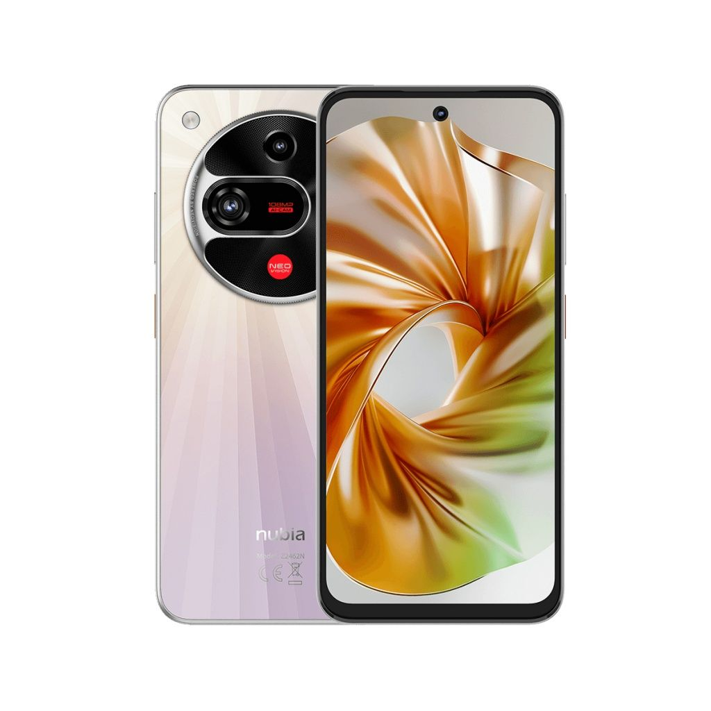 Smartfon z potrójnym aparatem i ekranem z abstrakcyjnym, złoto-brązowym wzorem. Telefon jest biały i ma czarny moduł aparatu.