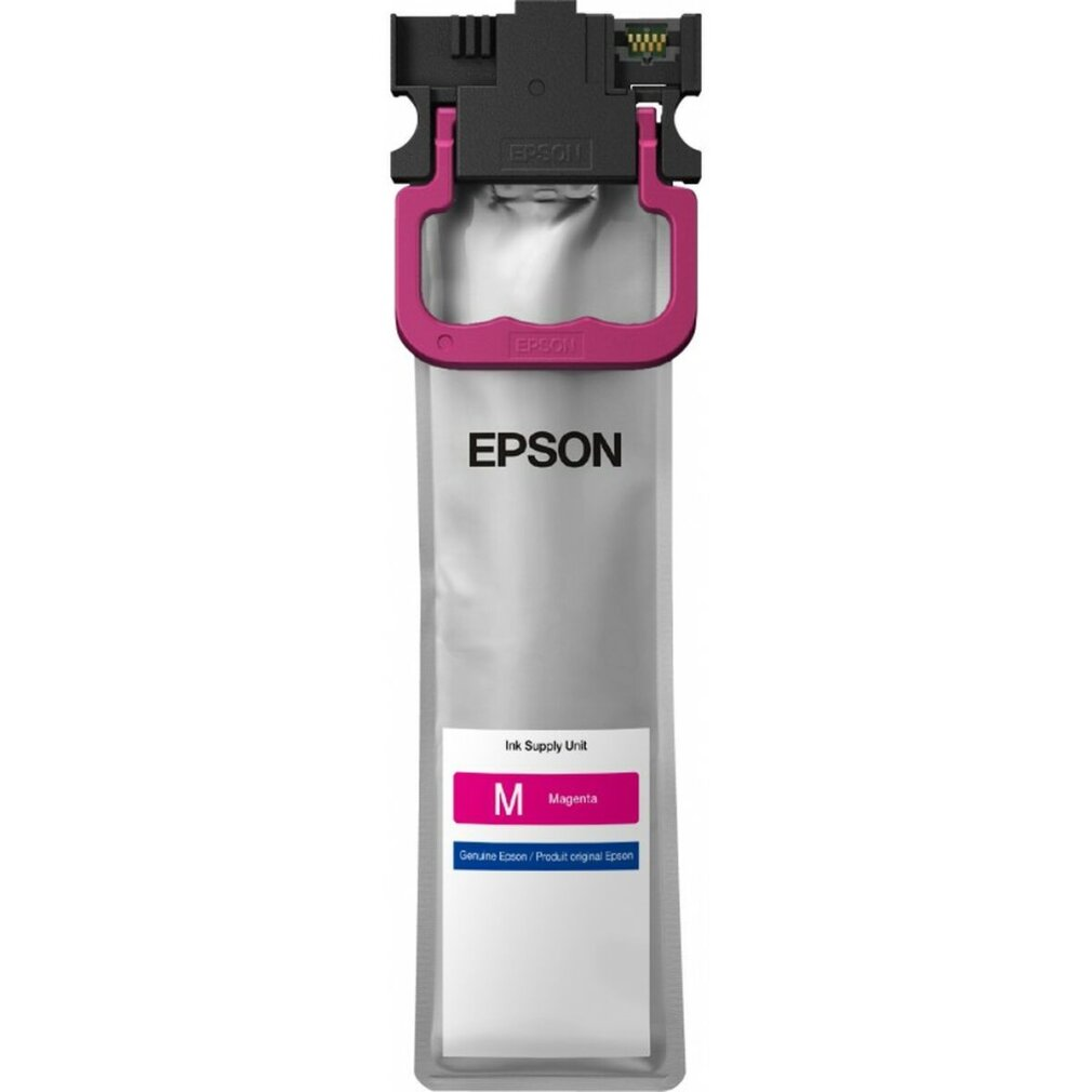 Wkład z tuszem magenta Epson. Czarna góra z uchwytem magenta. Szara torba z logo Epson i etykietą 'M' magenta.