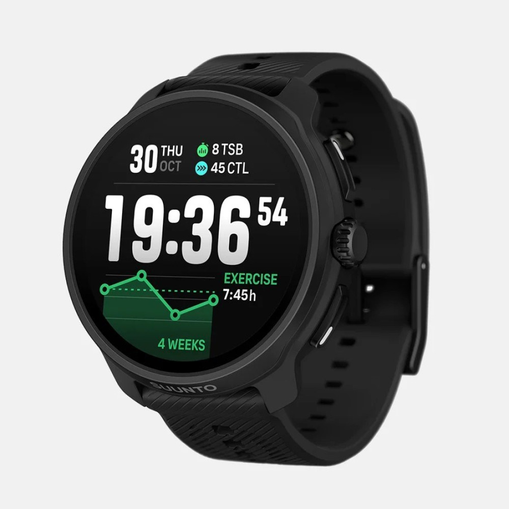 Czarny smartwatch wyświetlający godzinę, datę i dane treningowe. Ekran pokazuje wykres, czas trwania i logo Suunto.