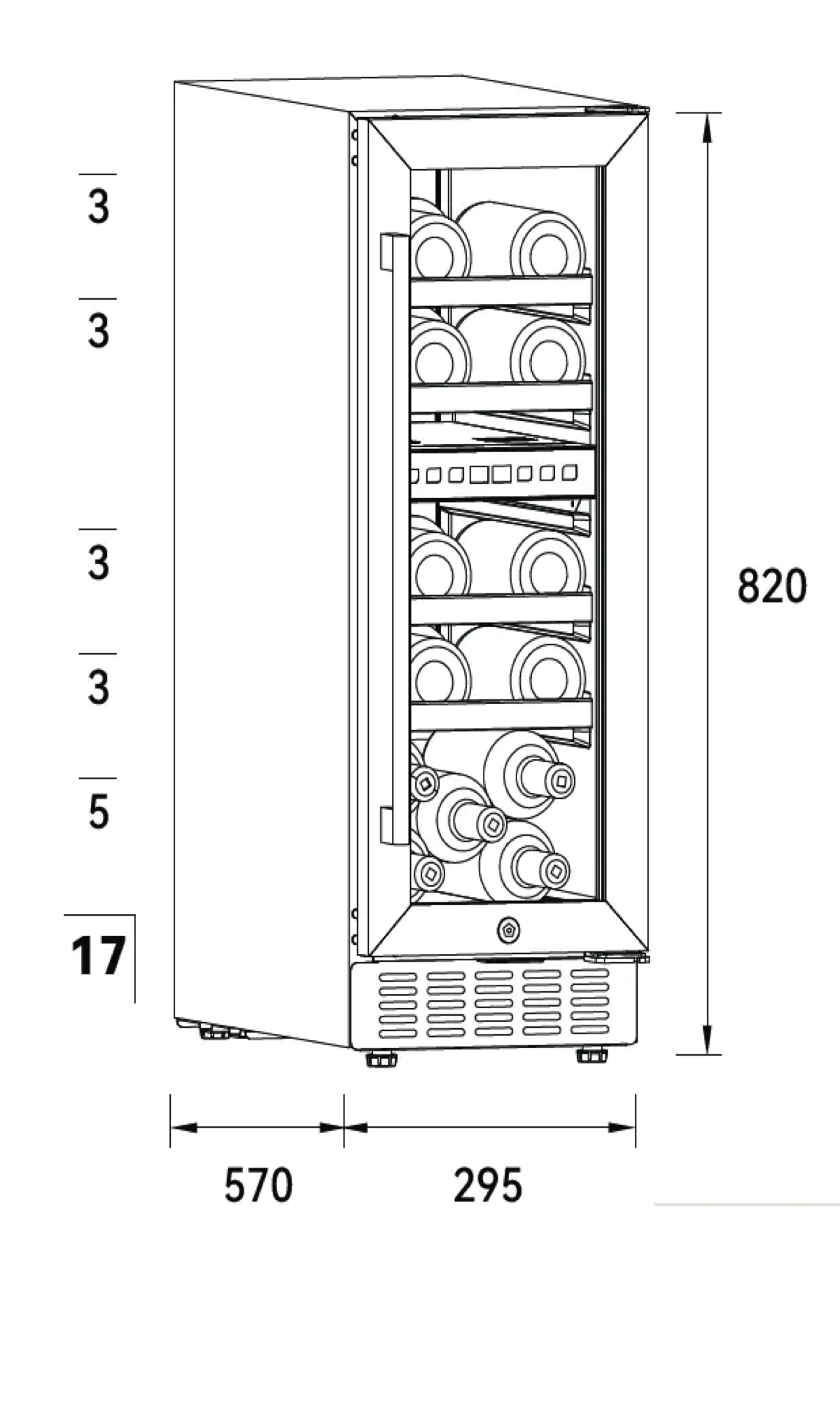 Un disegno schematico di un refrigeratore per vino. Ha dimensioni e mostra bottiglie all'interno, con file di ventilazione in basso.