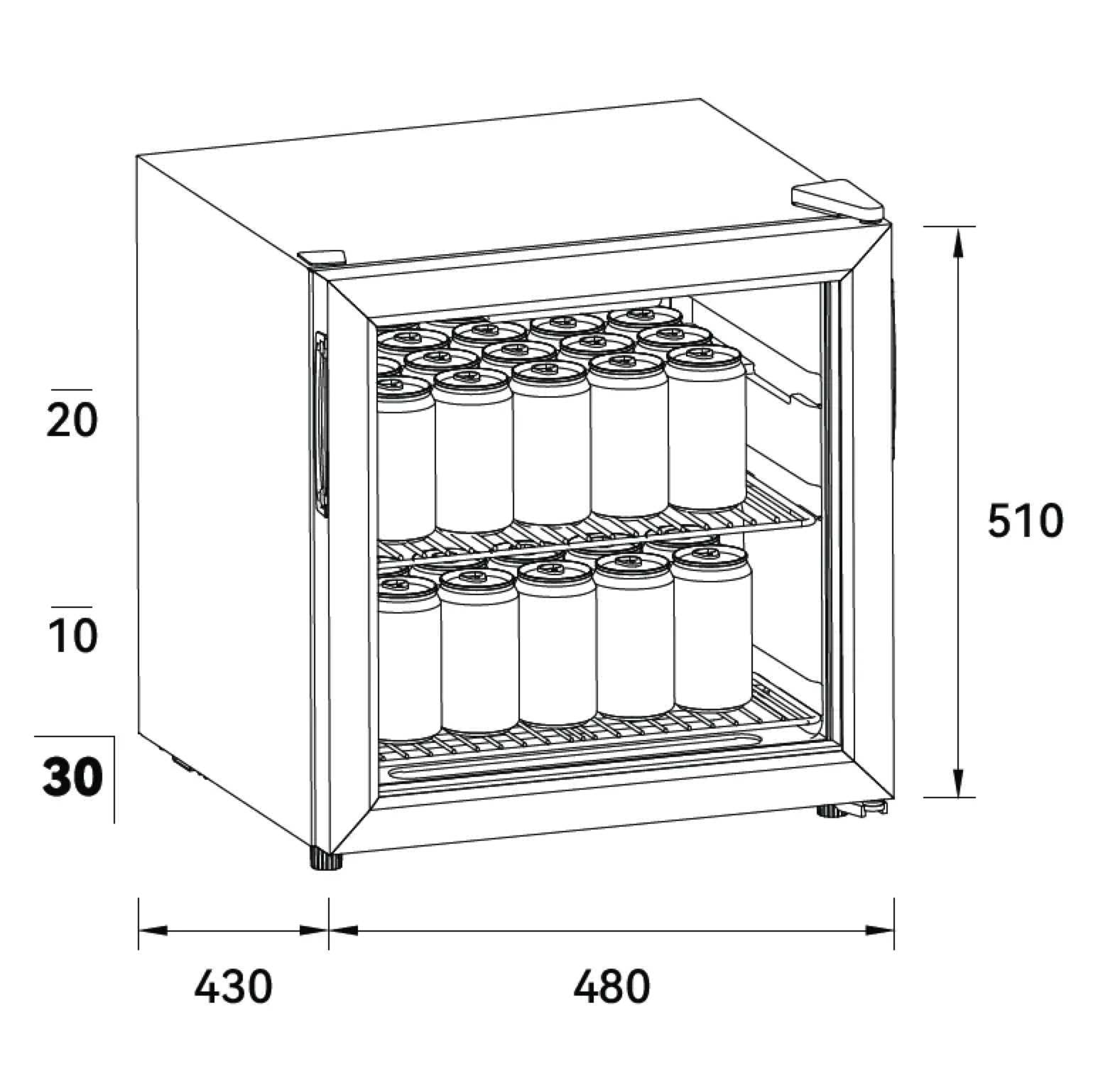 Un piccolo frigorifero con porta a vetro, pieno di lattine di bevande sugli scaffali. Le dimensioni sono indicate.