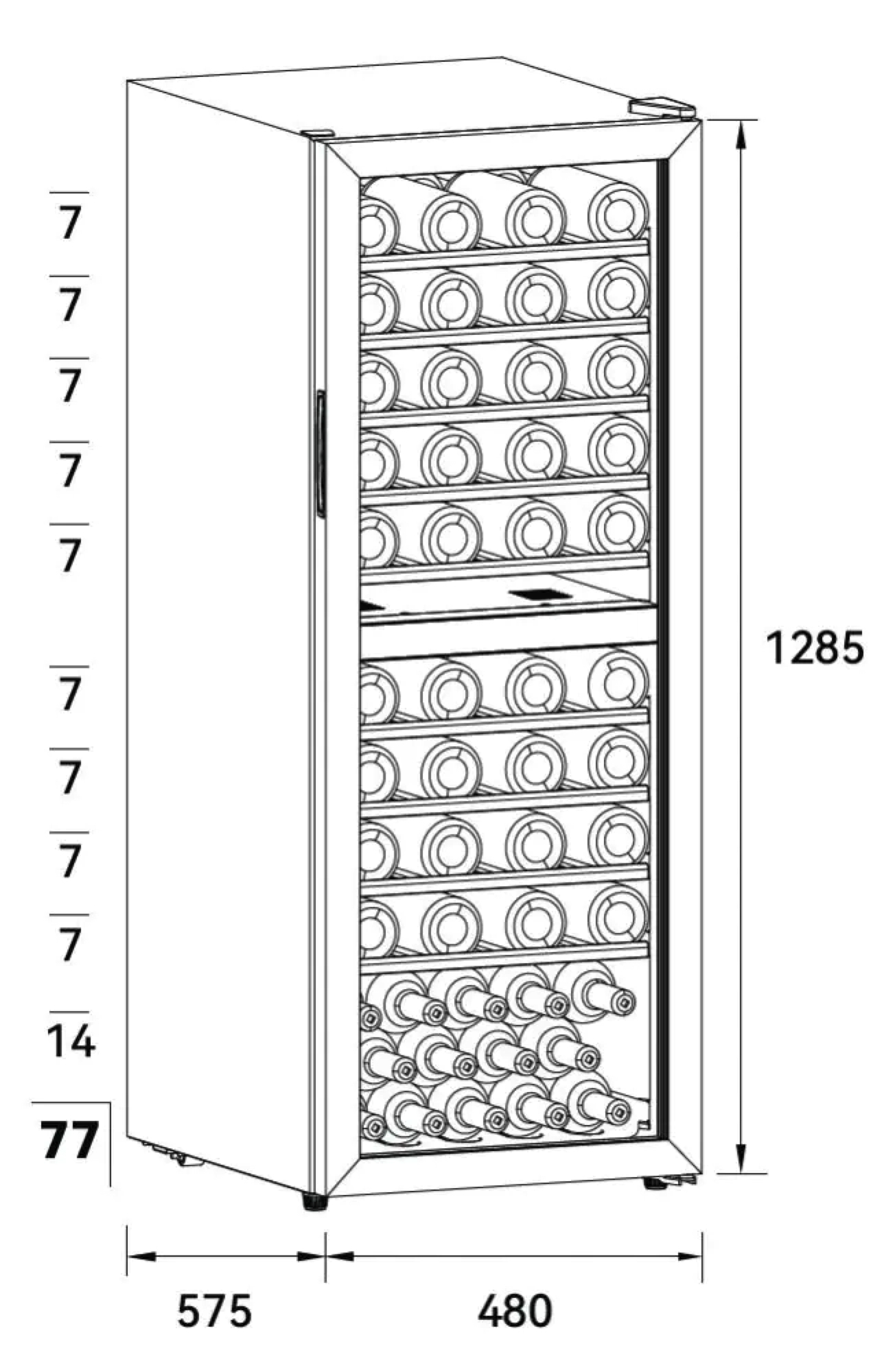 Un armadietto per vino con dimensioni. Ha diversi ripiani pieni di bottiglie di vino. I numeri indicano varie misure.