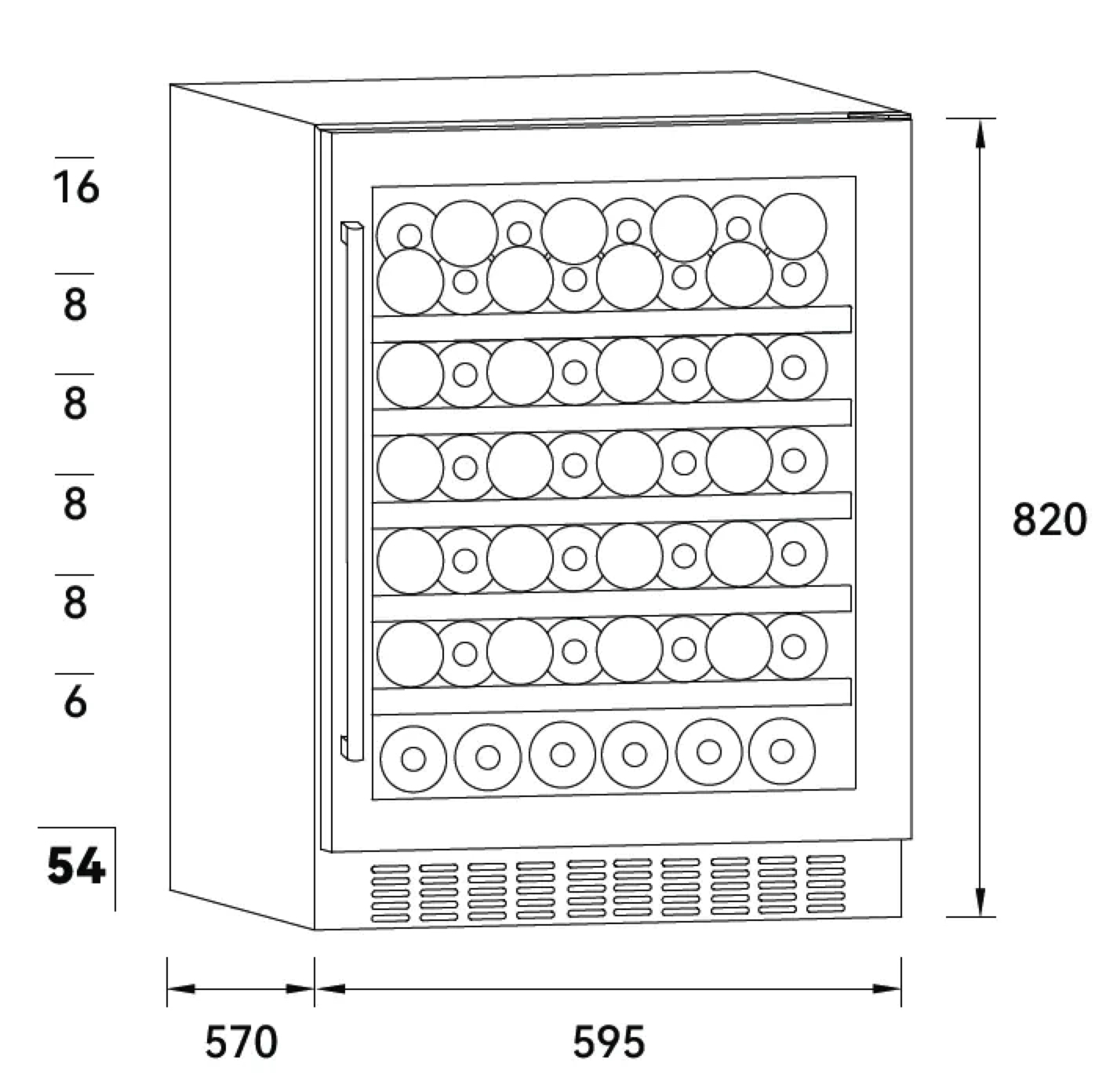 Un disegno schematico di un refrigeratore per vino. Ha dimensioni e mostra l'interno con bottiglie di vino. Il refrigeratore è rettangolare.