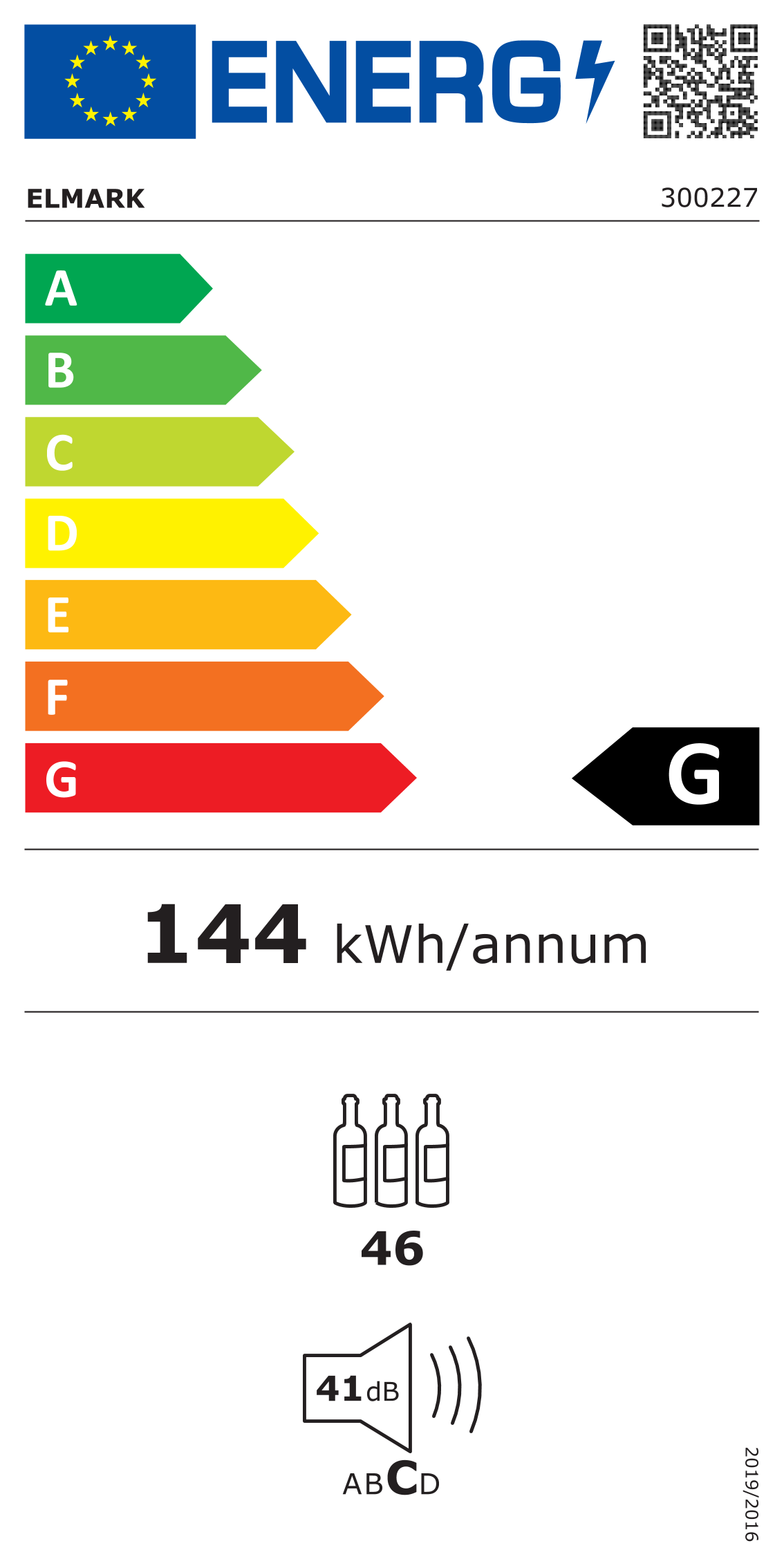 Etichetta energetica di un prodotto. Mostra la classe G, 144 kWh/anno, livello di rumore 41 dB e altre icone.