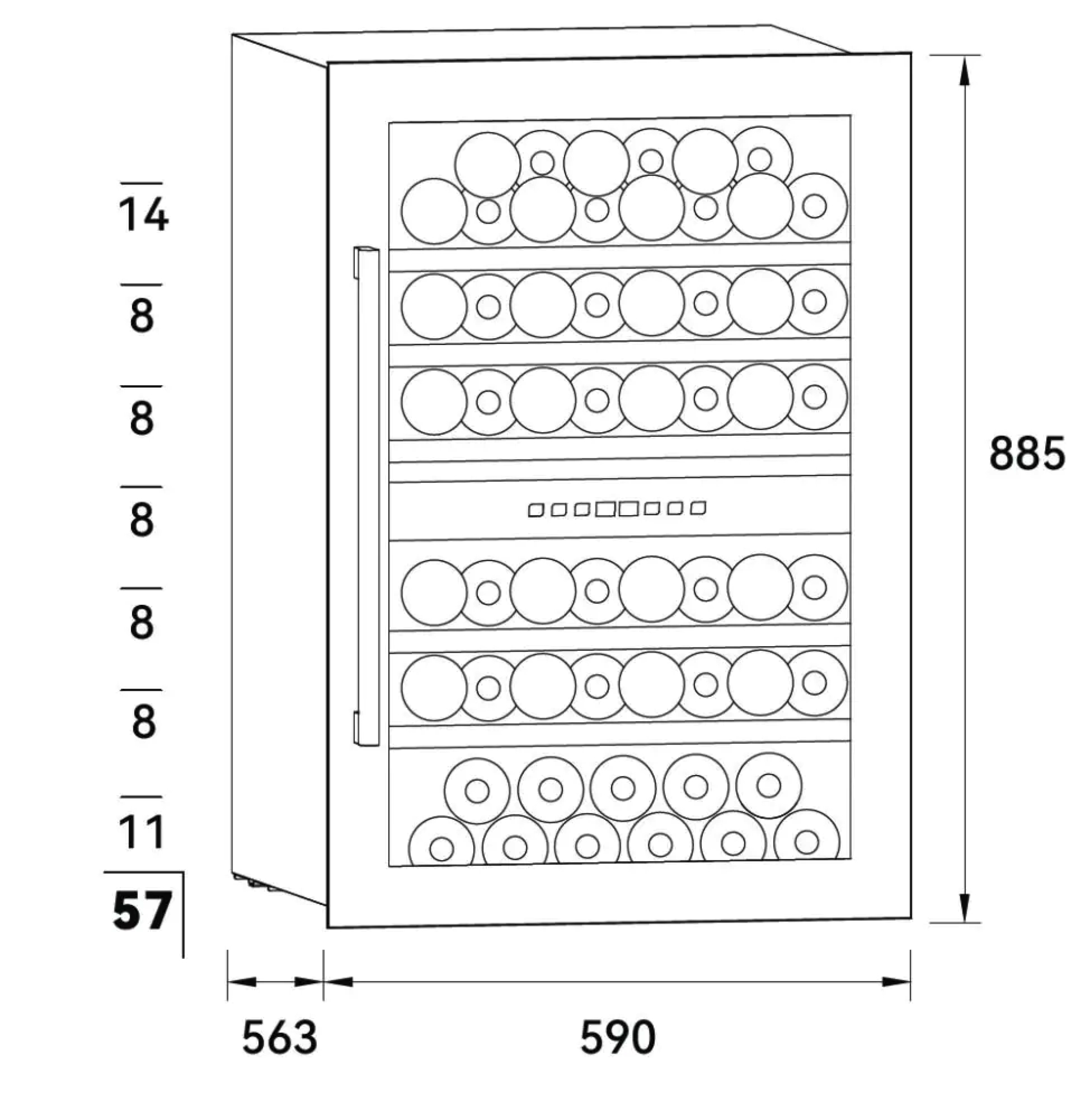 Un disegno schematico di un refrigeratore per vini. Mostra le dimensioni e il numero di bottiglie.