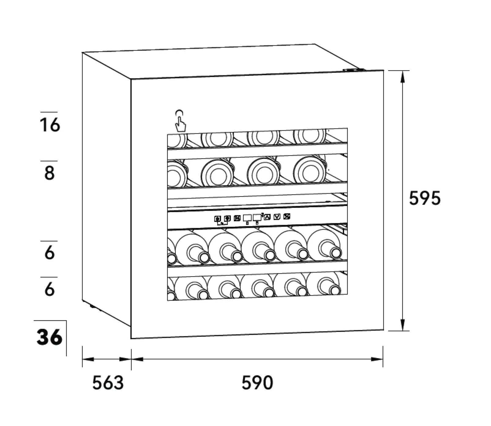 Uno schema di un refrigeratore per vino. Mostra le dimensioni e i ripiani interni per contenere bottiglie di vino.