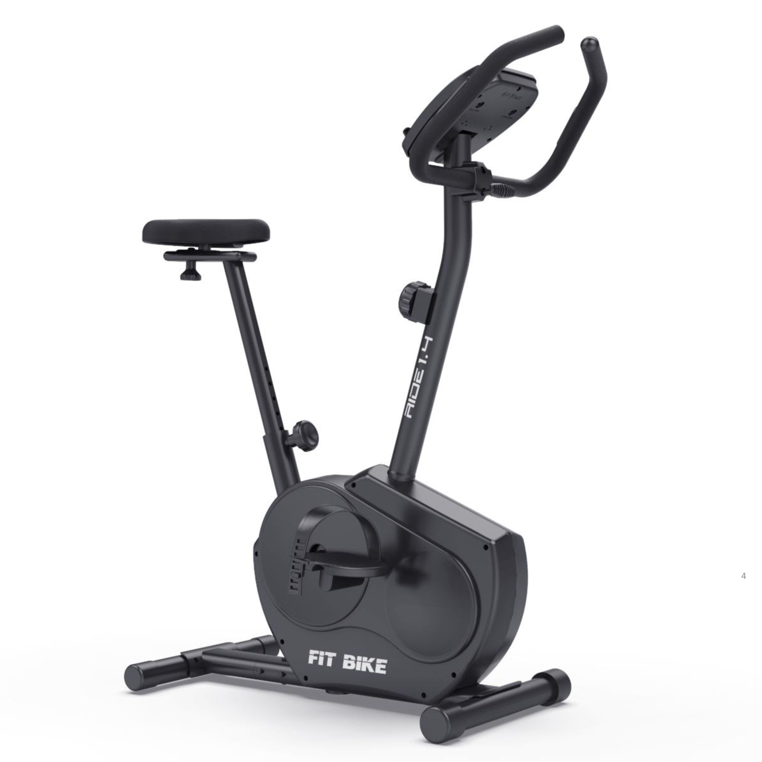 Vélo d'exercice stationnaire noir. Il a une selle, un guidon et un écran. La marque 'FIT BIKE' est visible.