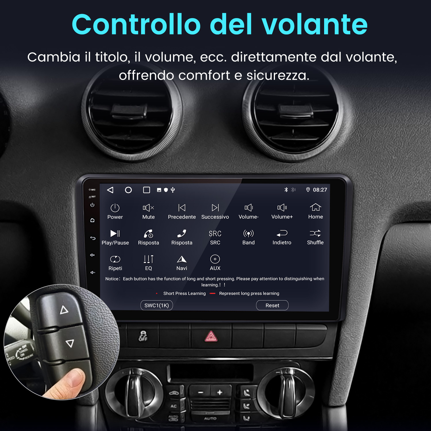Cruscotto auto con schermo che mostra comandi, pulsanti e una mano che interagisce con i comandi al volante.