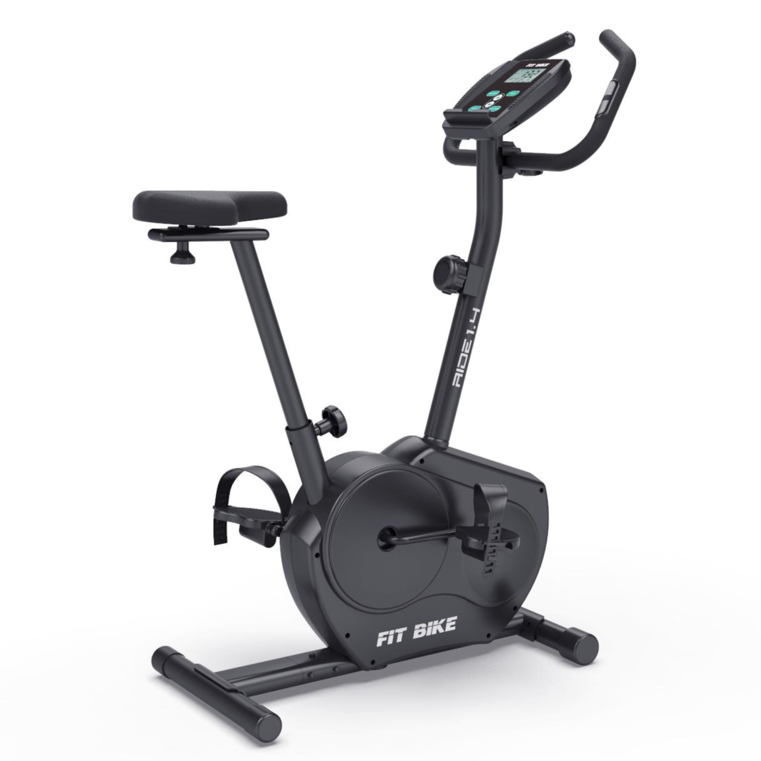 Vélo d'exercice stationnaire noir. Il a un siège, des pédales et un écran. La marque "FIT BIKE" est visible.