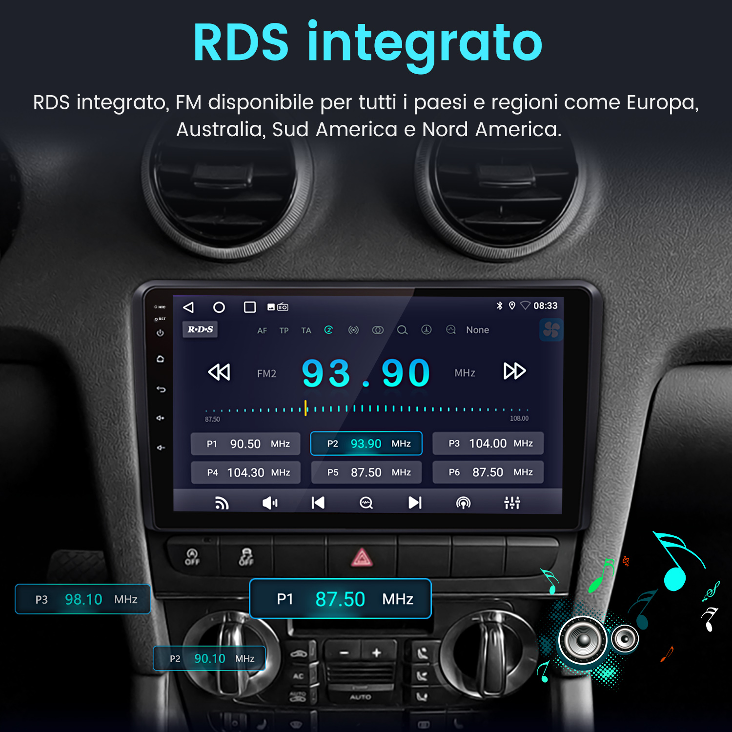 Schermo autoradio che mostra la frequenza FM 93,90 MHz. Il testo in alto dice RDS integrato. Altri pulsanti e frequenze sono visibili.