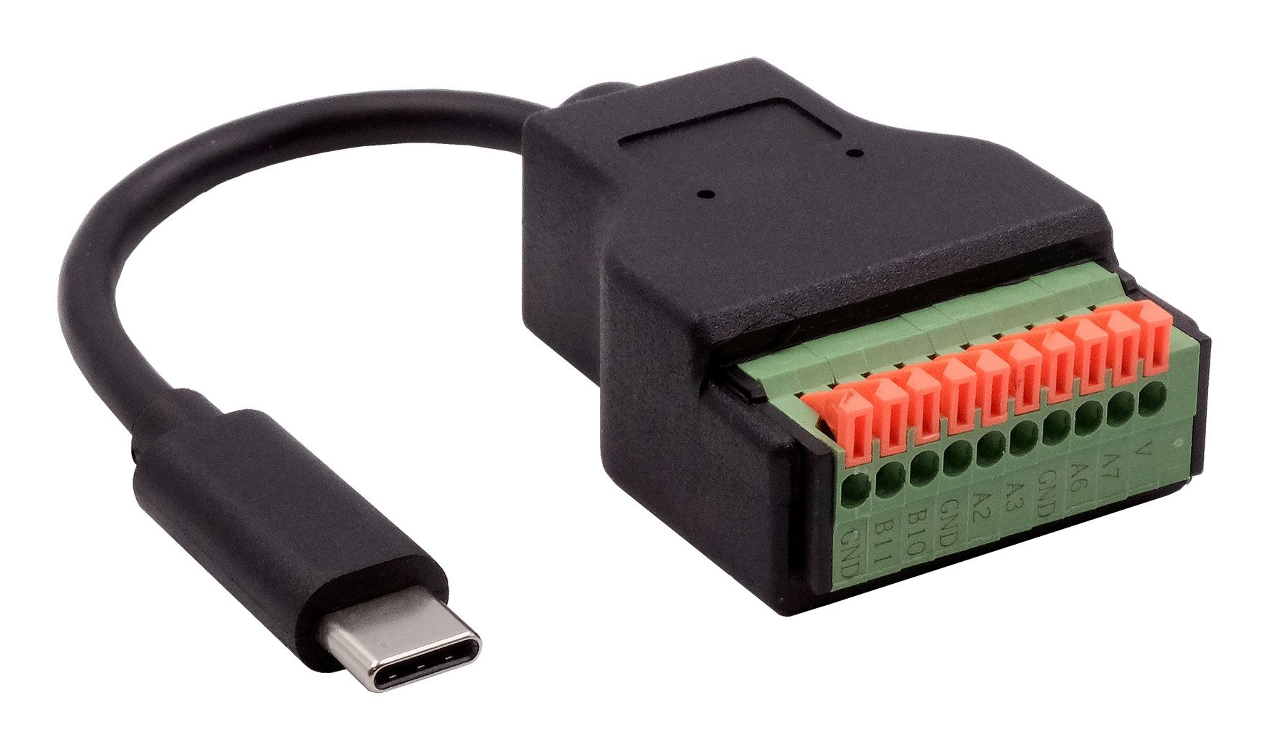Adattatore da USB-C a morsettiera nero. Presenta un cavo e un connettore neri, con morsettiera verde e arancione.