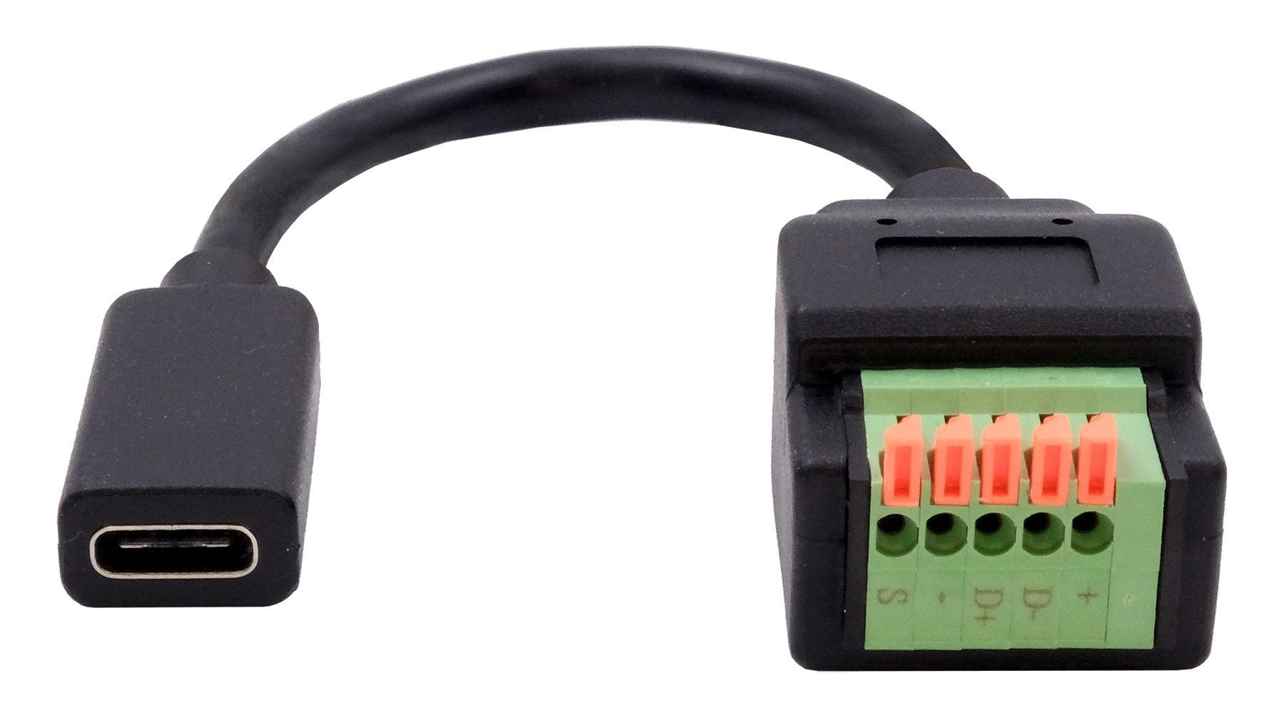 Czarny adapter USB-C do bloku zacisków. Posiada złącze USB-C, czarny kabel i blok zacisków z pomarańczowymi złączami.
