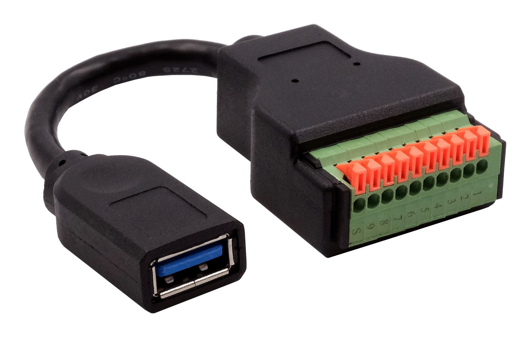 Adattatore da USB a morsettiera nero. Dispone di un connettore USB, un cavo e una morsettiera con slot numerati e connettori arancioni.