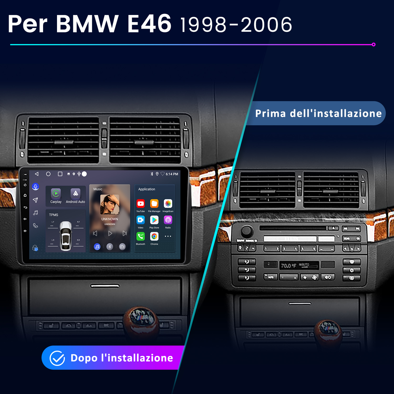 Confronto del cruscotto di un'auto prima e dopo l'installazione di un nuovo sistema multimediale. Include testo e icone.