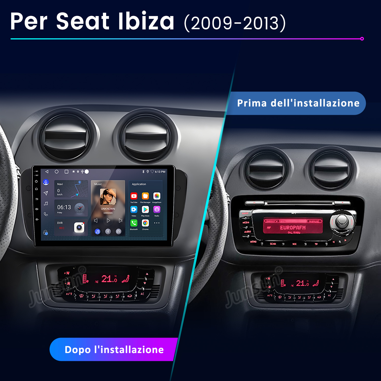 Confronto cruscotto auto: vecchia radio vs. nuovo sistema multimediale installato in una Seat Ibiza. Mostra ora, app e controlli.
