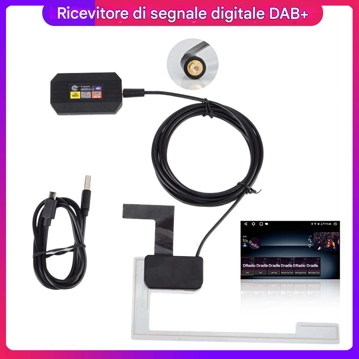 Un kit ricevitore di segnale digitale DAB+. Include una scatola nera, cavi, antenna e schermo con info radio.