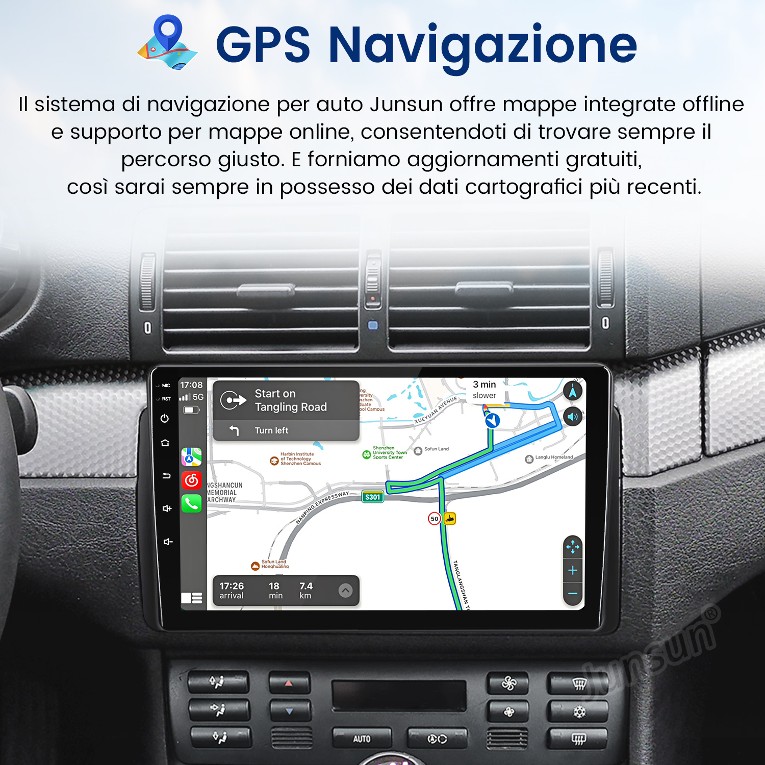 Lo schermo GPS dell'auto mostra una mappa con navigazione. Lo schermo mostra un percorso, l'ora e la distanza. I pulsanti sono visibili sotto lo schermo.