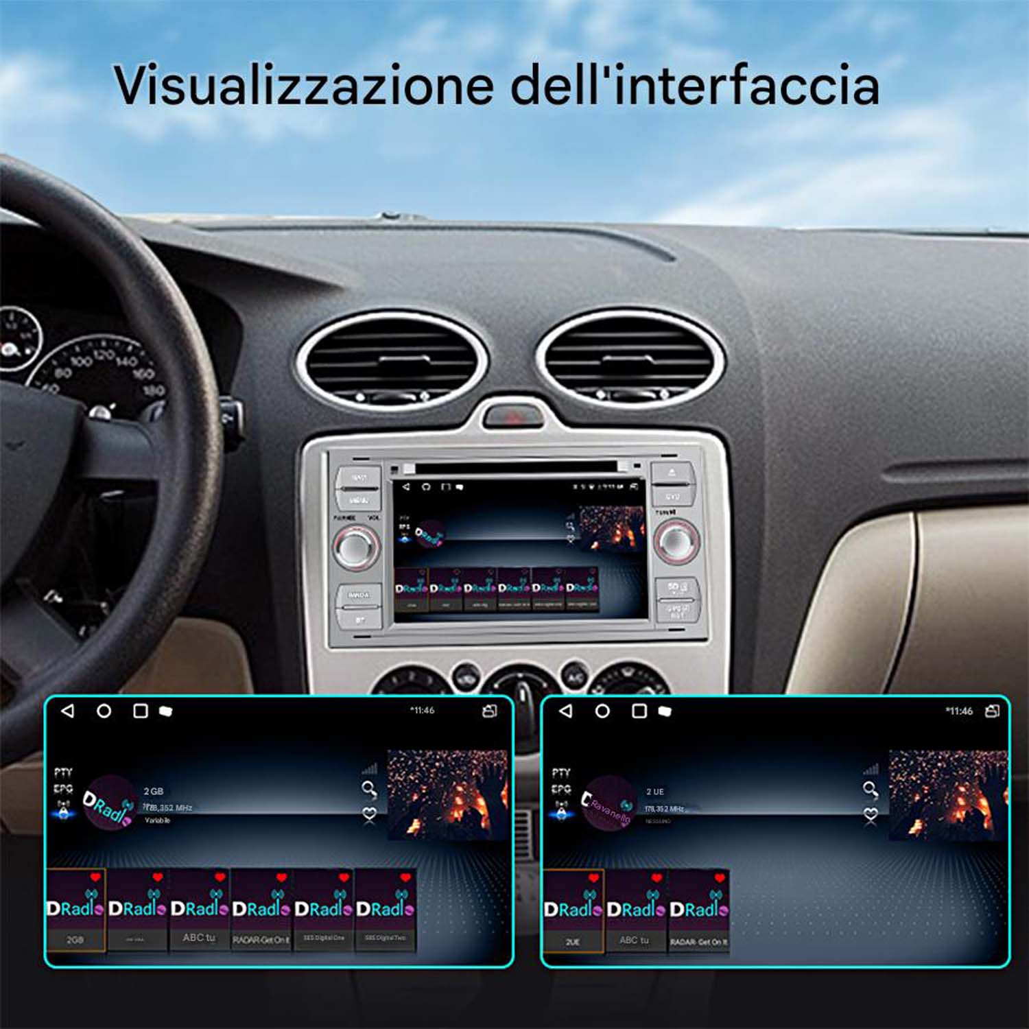 Cruscotto di un'auto che mostra un'interfaccia radio con due schermi che visualizzano informazioni sulla stazione radio e controlli.