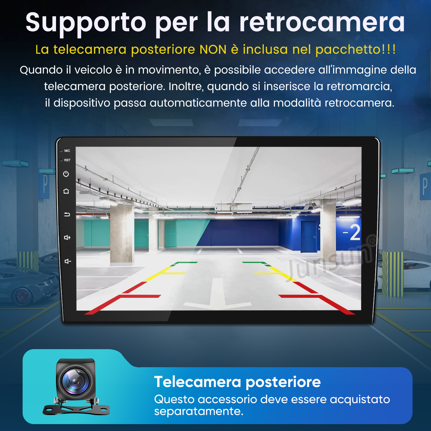 L'immagine mostra la vista della telecamera posteriore di un'auto in un parcheggio. Lo schermo mostra delle linee. Sotto è mostrata una telecamera.