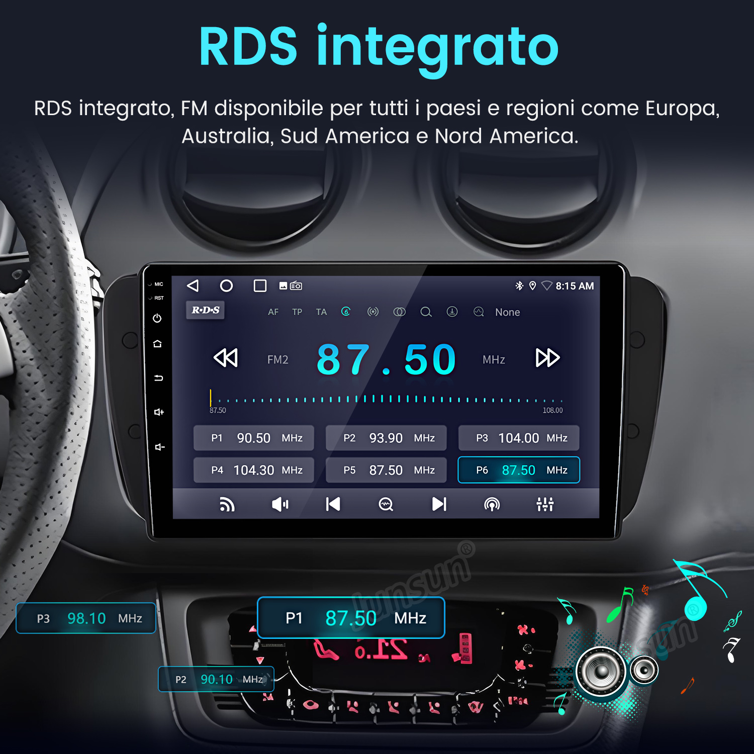 Schermo autoradio che mostra informazioni radio FM. Mostra la frequenza 87,50 MHz. Logo RDS e testo sulla disponibilità FM. Interni auto.