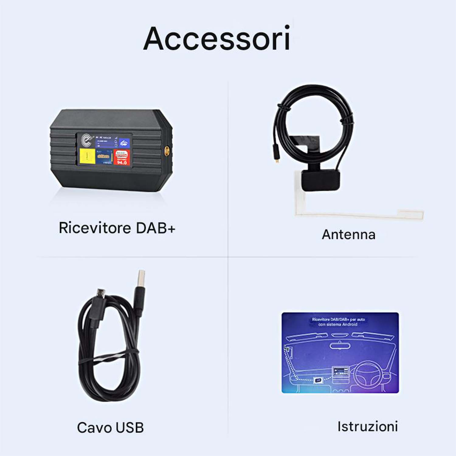 L'immagine mostra accessori per auto: ricevitore DAB+, antenna, cavo USB e istruzioni. Tutti gli elementi sono su sfondo lilla chiaro.