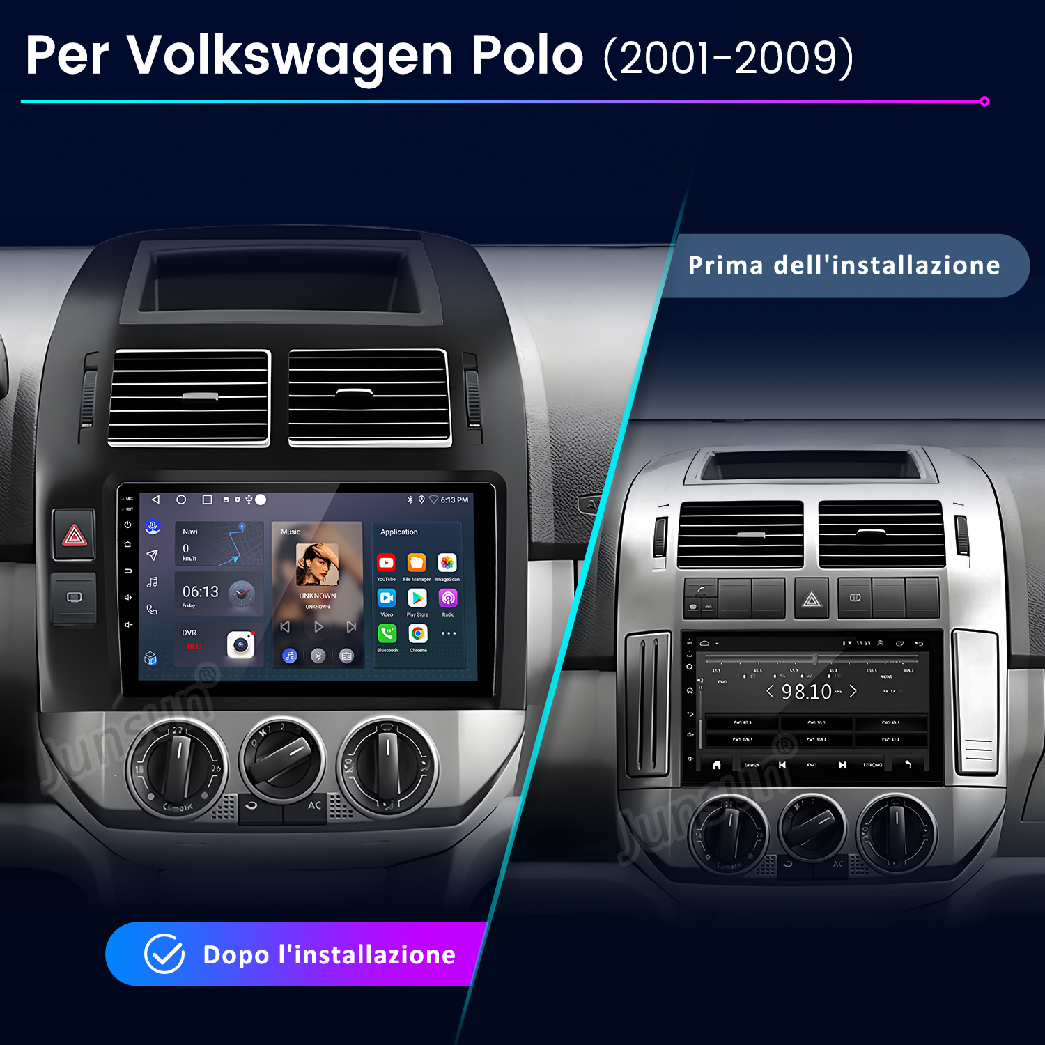 L'immagine mostra il cruscotto di un'auto prima e dopo l'installazione di un nuovo sistema multimediale. Il nuovo sistema ha un touchscreen.