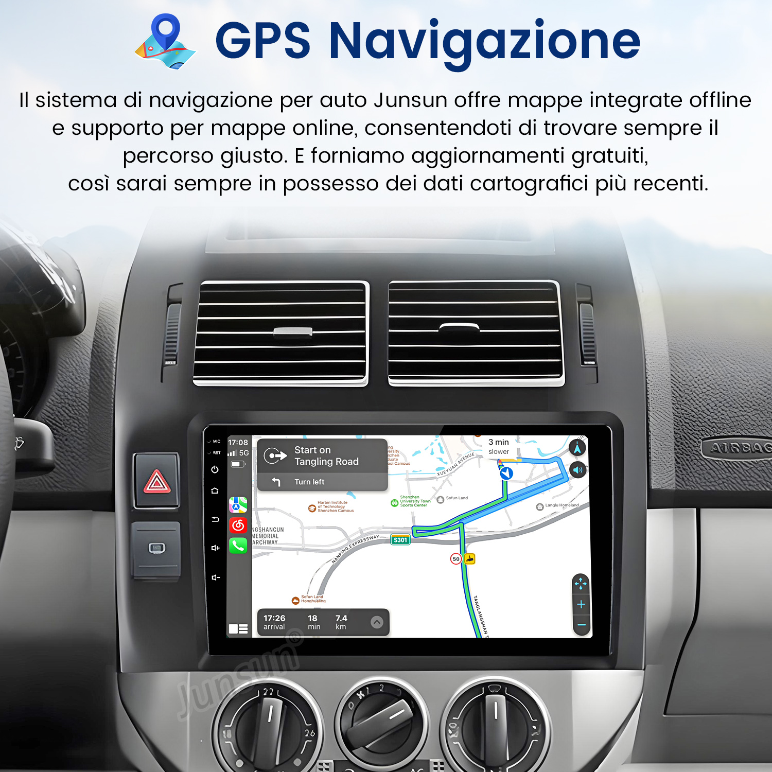 Cruscotto auto con navigazione GPS, mappa e guida del percorso. Sono visibili i comandi dell'auto.