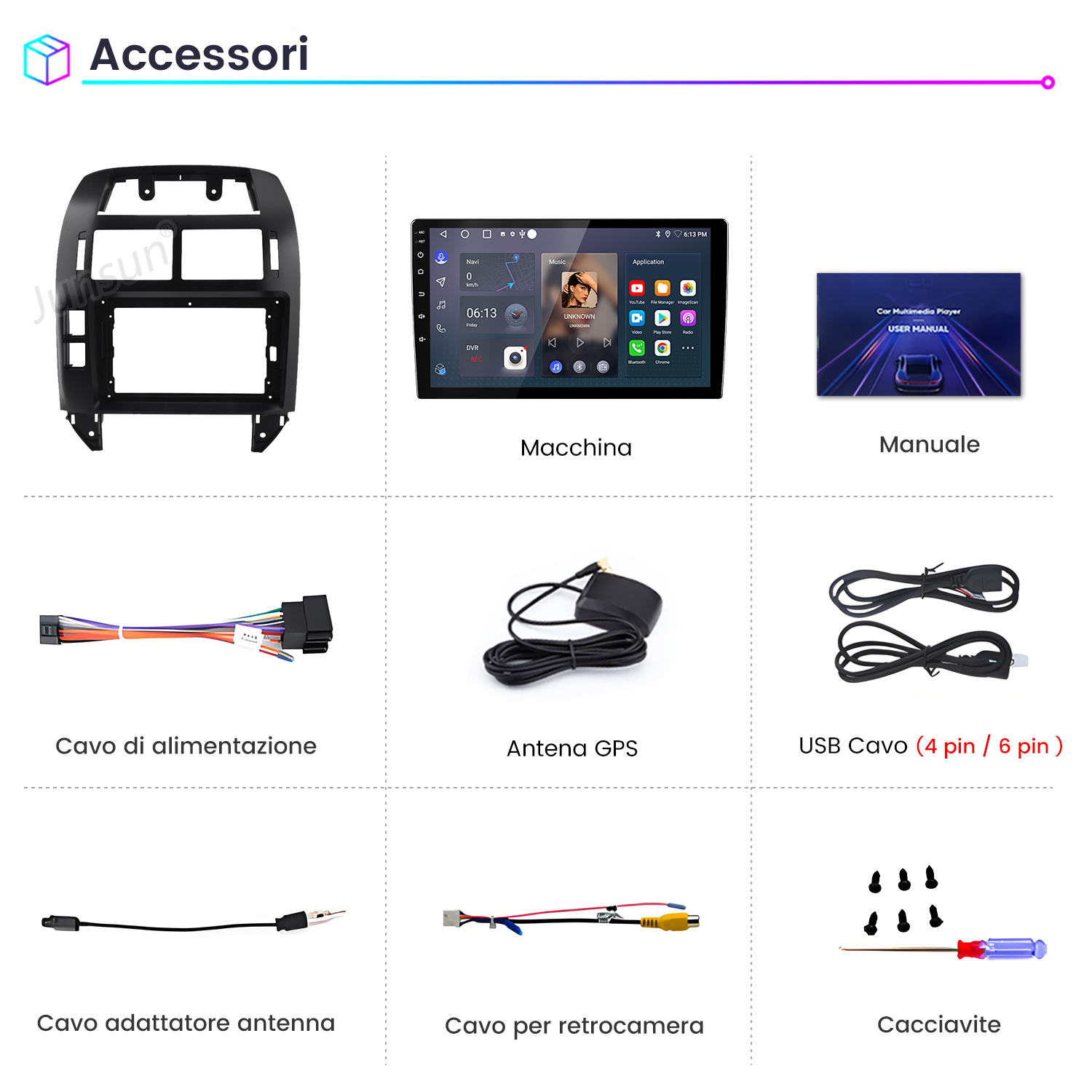 L'immagine mostra accessori per auto: un lettore multimediale per auto, un manuale utente, cavi, antenna, viti e un cacciavite.