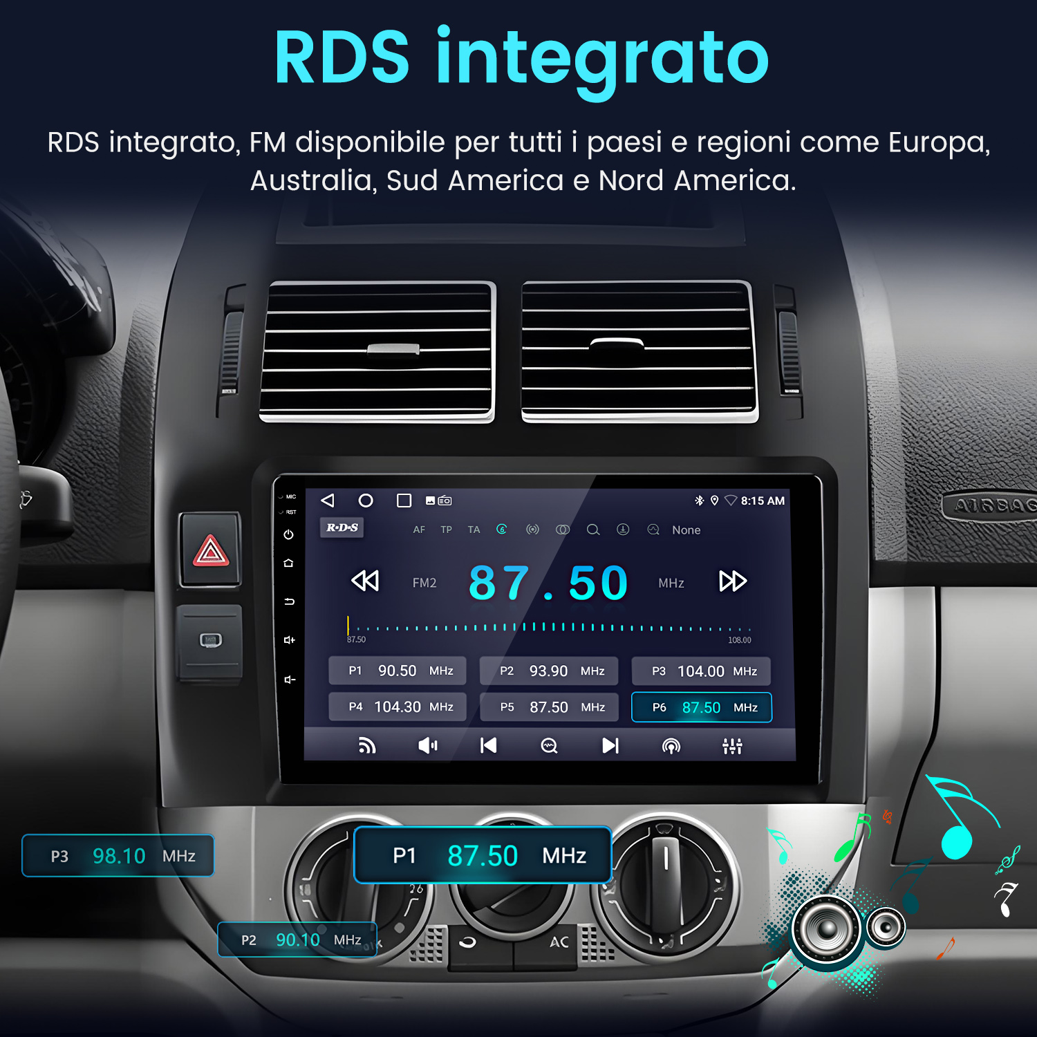 Schermo autoradio con informazioni radio FM. Mostra la frequenza 87,50 MHz. Tasti e comandi visibili.