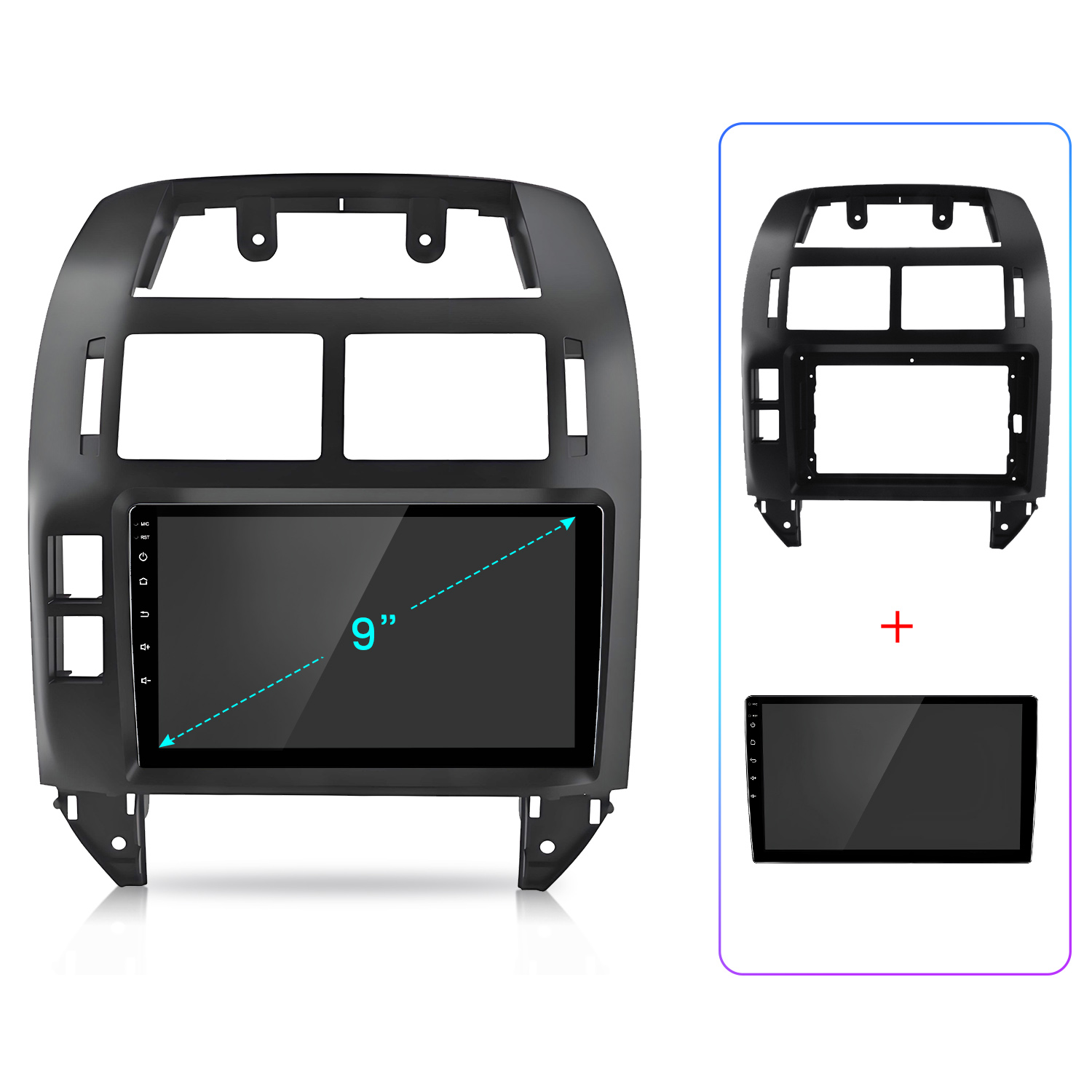 Czarny radio samochodowe z 9-calowym ekranem. Zawiera oddzielne części i znak plus. Radio znajduje się na białej powierzchni.