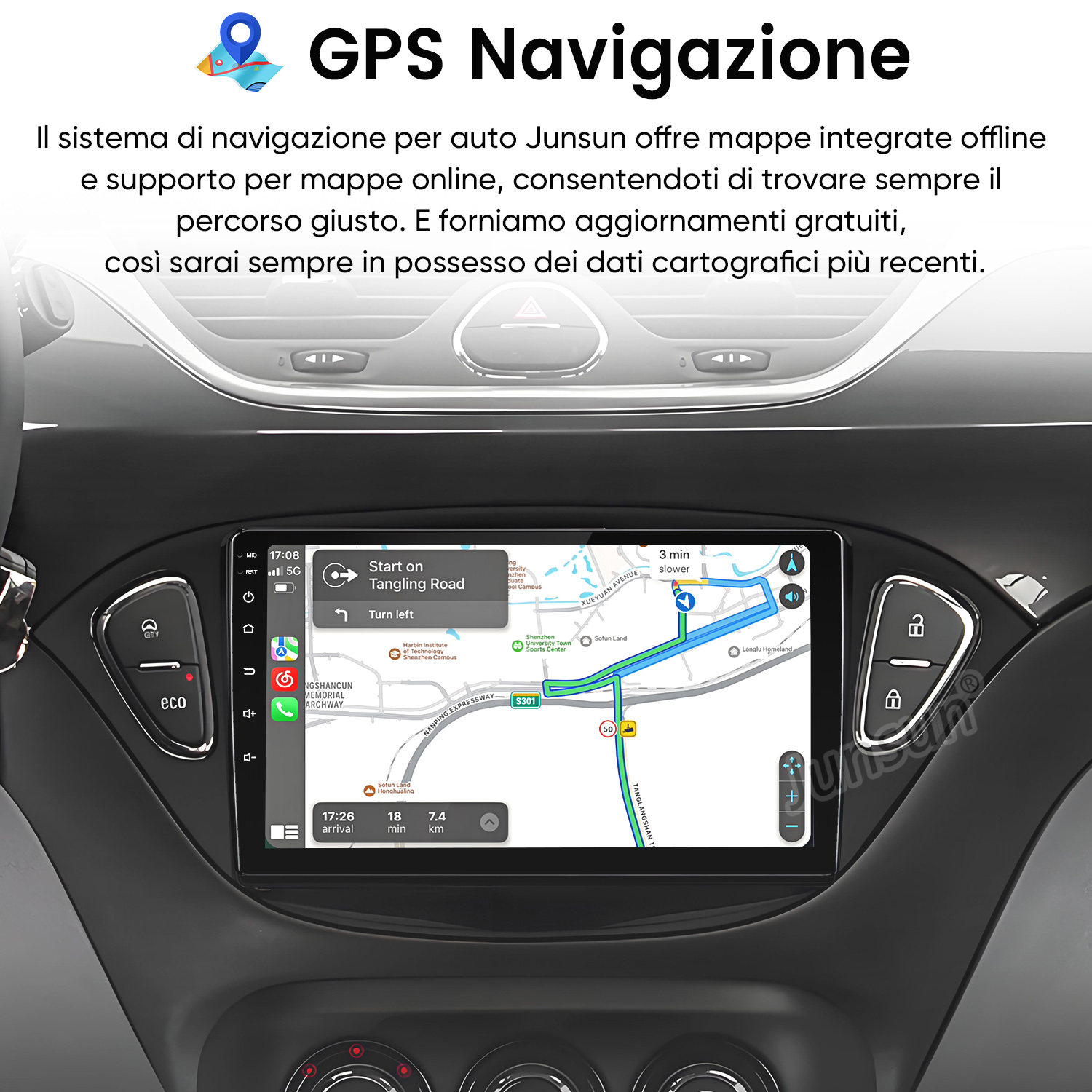 Cruscotto dell'auto che mostra un sistema di navigazione GPS con mappa e guida del percorso. L'auto è parcheggiata.