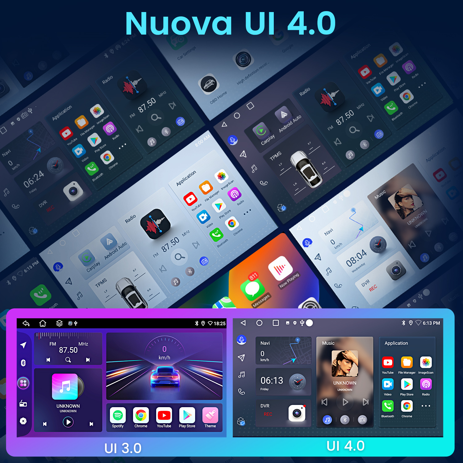 Schermate dell'interfaccia utente dell'auto che visualizzano radio, navigazione, musica e app. L'interfaccia utente è etichettata come Nuova UI 4.0, UI 3.0 e UI 4.0.