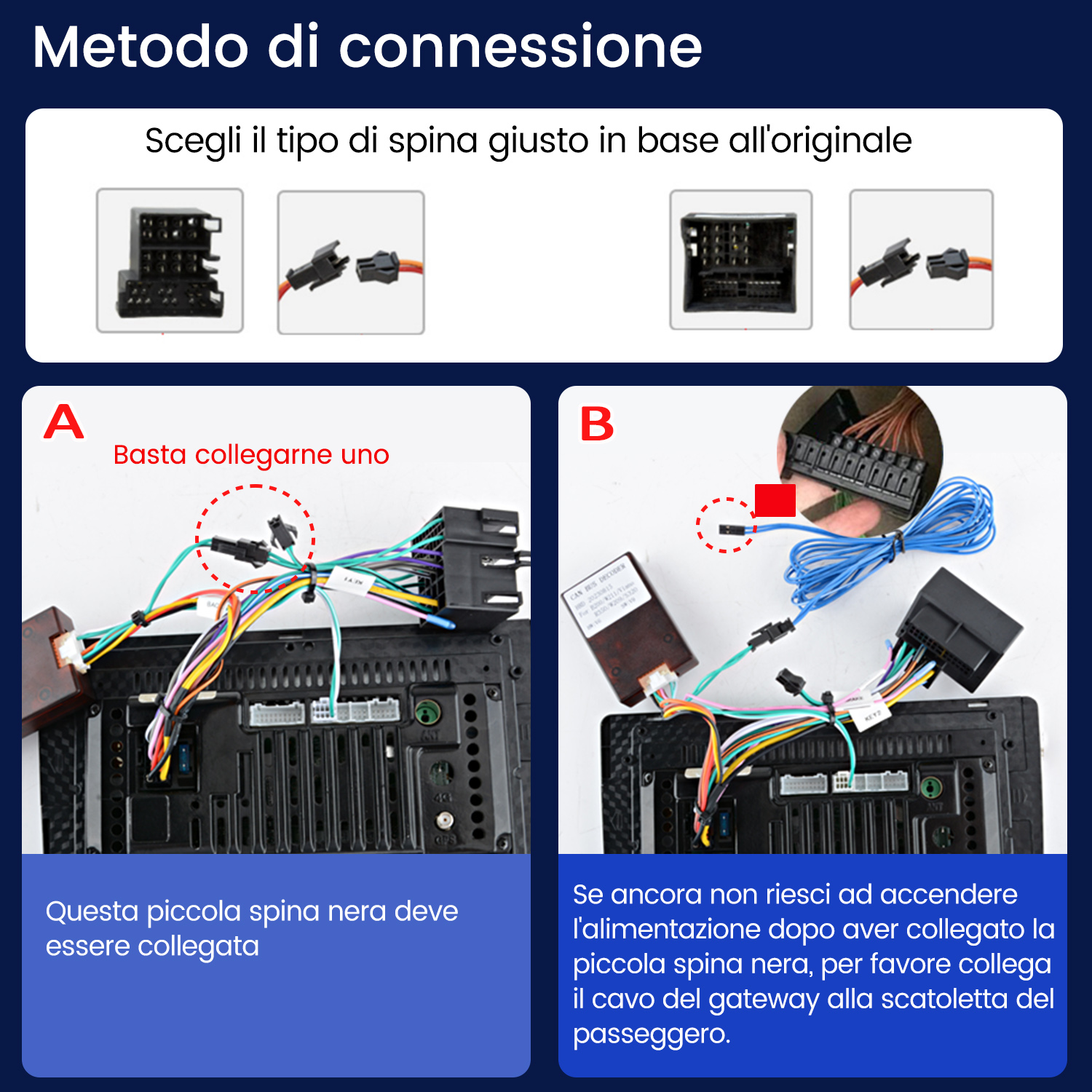 Schema di collegamenti autoradio. Mostra diversi connettori e fili. Testo in italiano, che spiega il processo di collegamento.