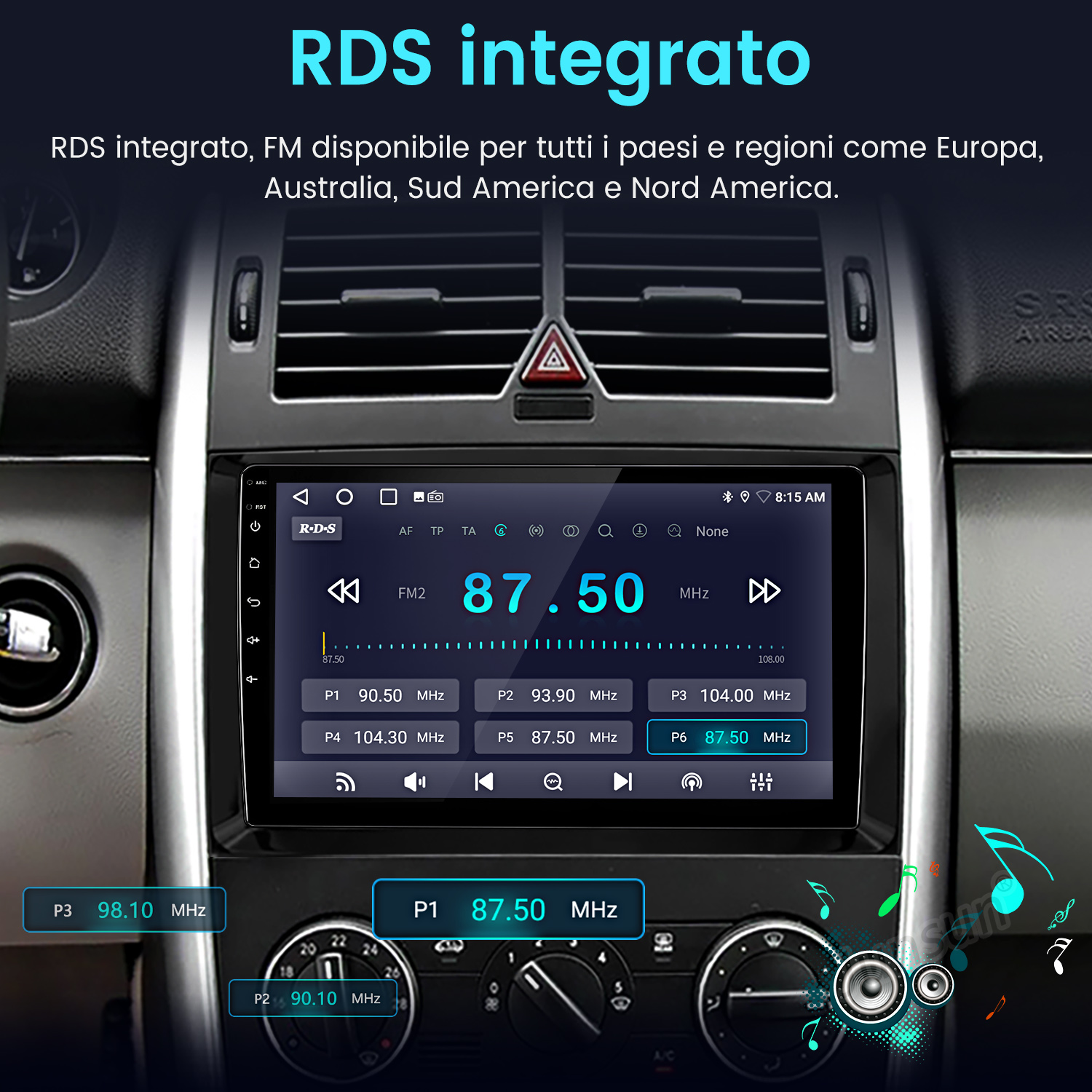 Schermo autoradio che mostra le informazioni radio FM. Mostra la frequenza 87,50 MHz e altri pulsanti. Lo sfondo è un cruscotto.