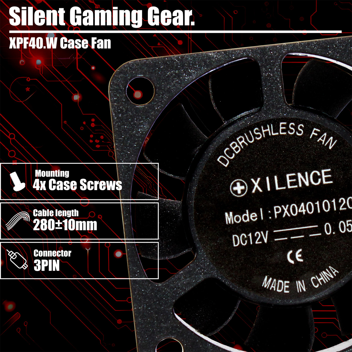 Nahaufnahme eines schwarzen Computerlüfters mit Textdetails wie 'XILENCE' und 'DCBRUSHLESS FAN'. Der Hintergrund ist eine rote Platine.