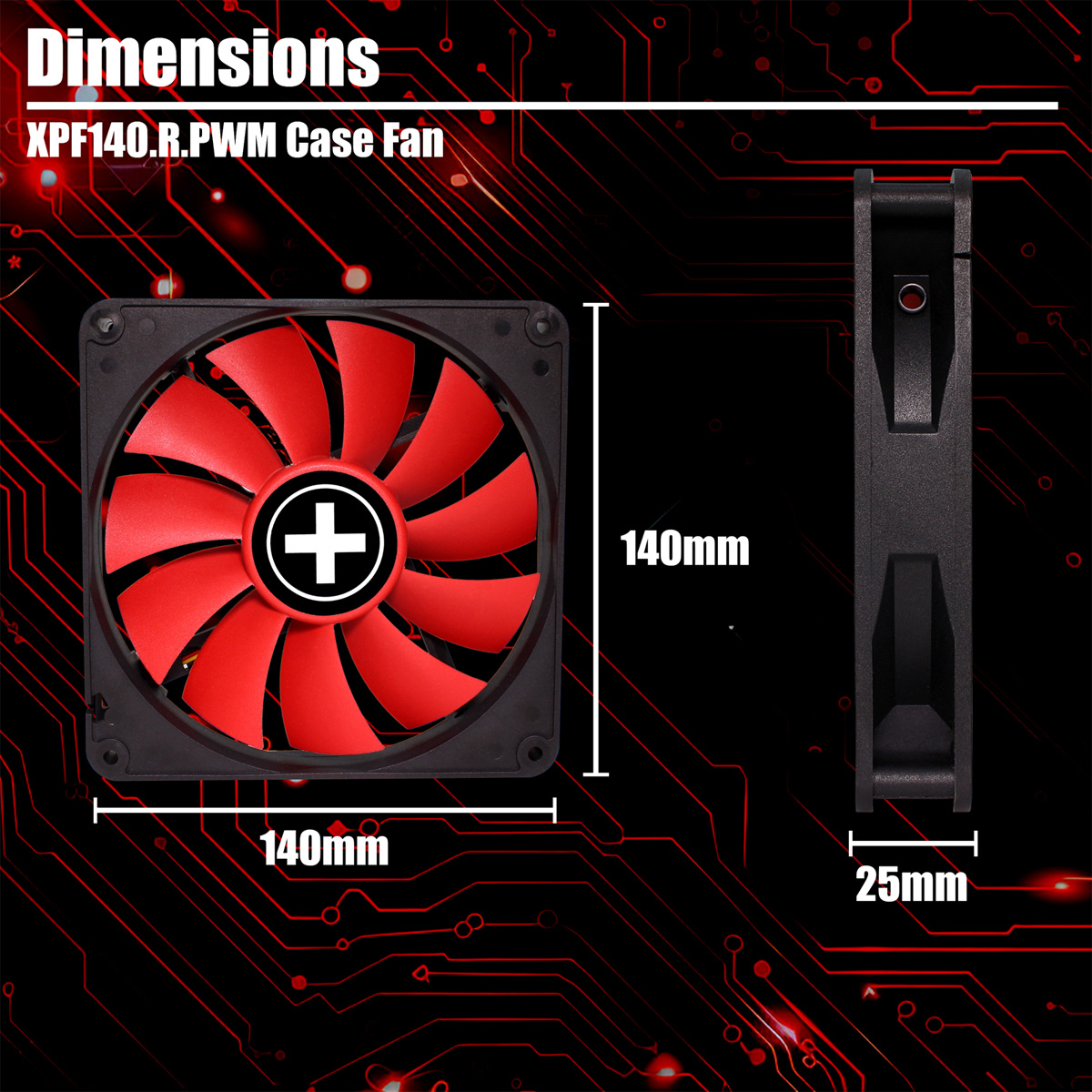 Een computerkastventilator met rode bladen en een zwart frame. Afmetingen: 140mm x 140mm x 25mm. Achtergrond: rood printplaatontwerp.
