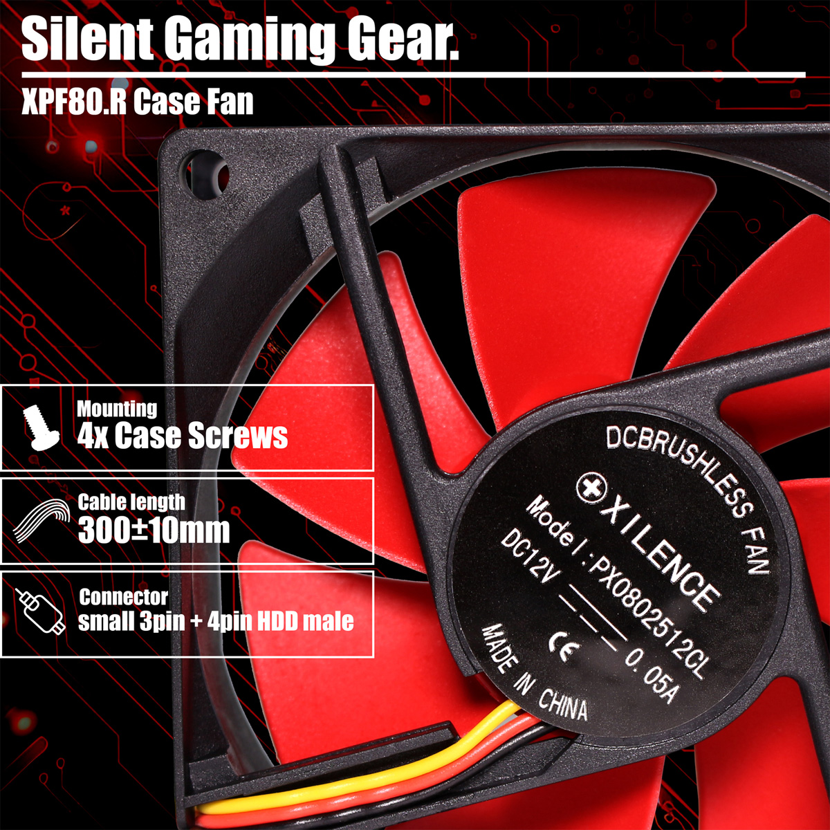 Ein Computerlüfter mit roten Blättern und schwarzem Rahmen. Auf dem Lüfter steht XILENCE, DCBRUSHLESS FAN. Spezifikationen sind ebenfalls aufgeführt.