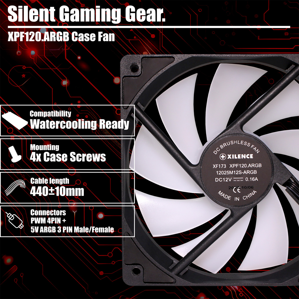 Ein Computerlüfter mit weißen Blättern und schwarzem Rahmen, mit Spezifikationen wie 'XPF120.ARGB' und 'Watercooling Ready'.