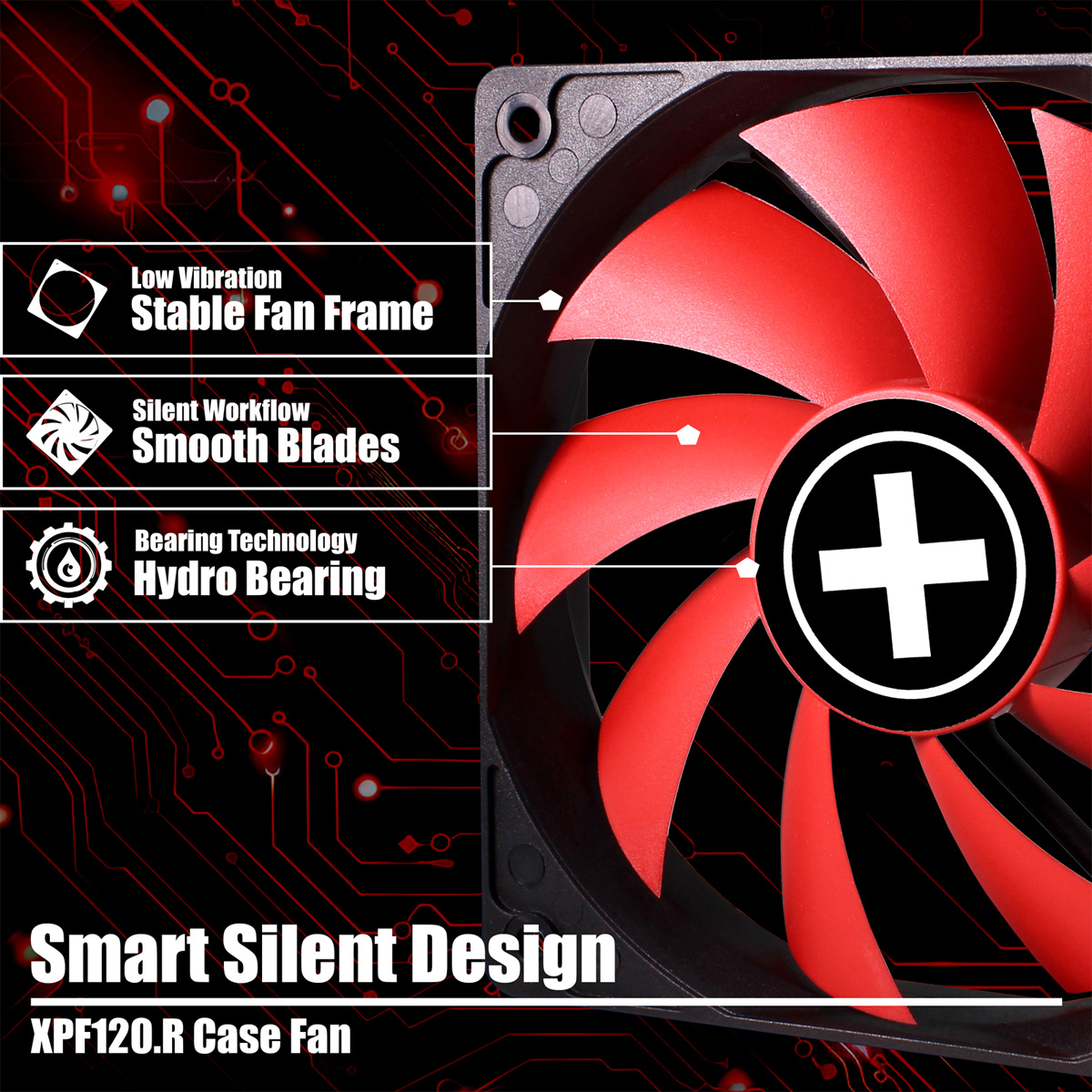 Een computerventilator met rode bladen en een zwart midden. Tekst bevat 'Smart Silent Design' en 'XPF120.R Case Fan'.