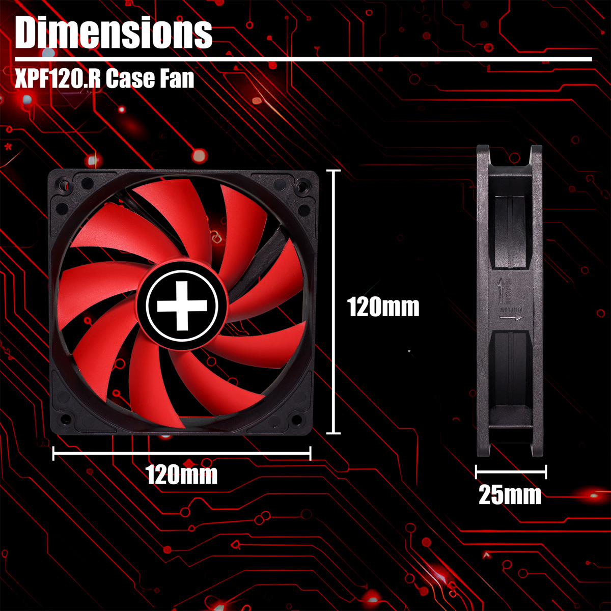 Een computerkastventilator met rode bladen en een zwart frame. Afmetingen: 120mm x 120mm x 25mm. Rode printplaat achtergrond.