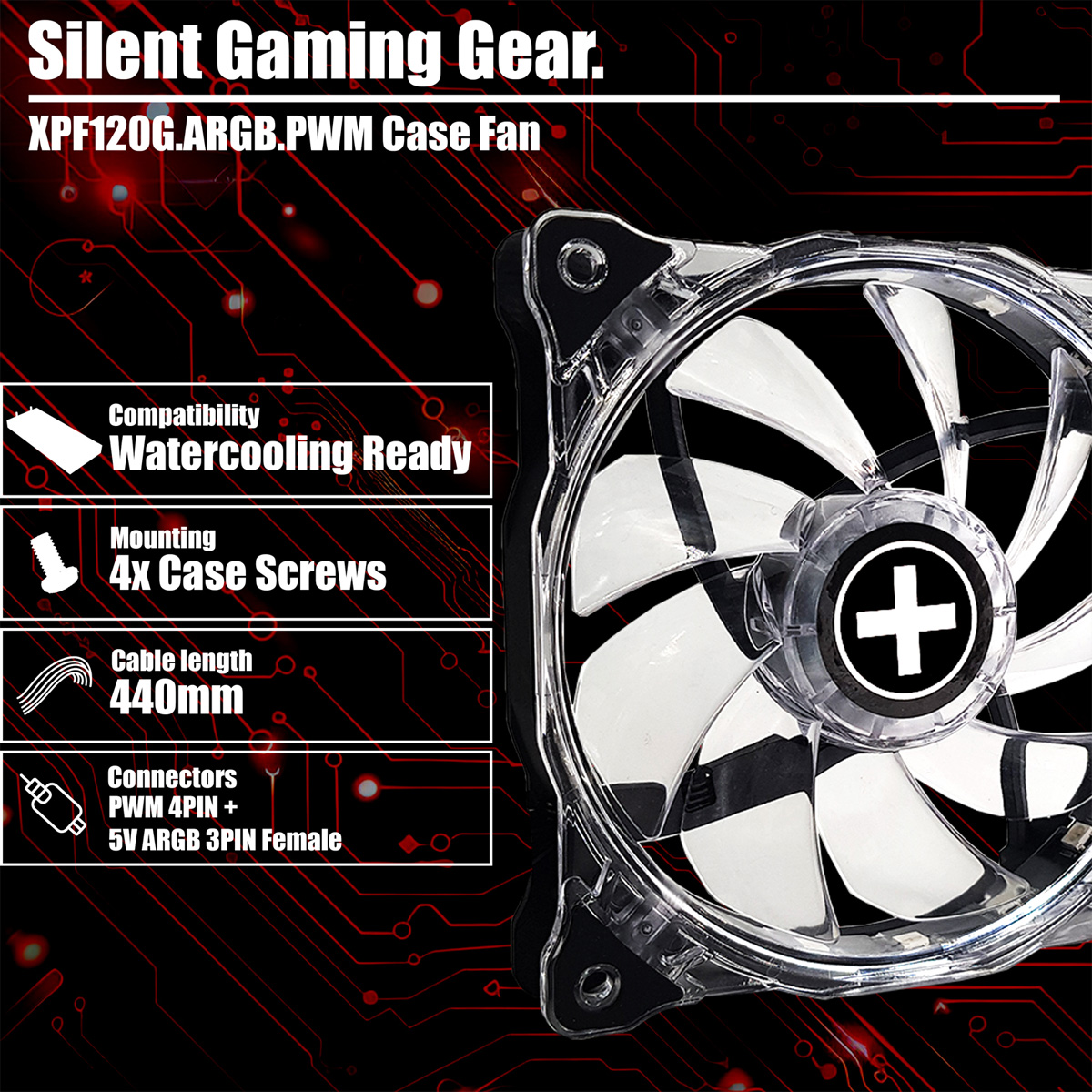 A computer case fan with white blades, a clear plastic frame, and a black center. Text includes specifications and features.