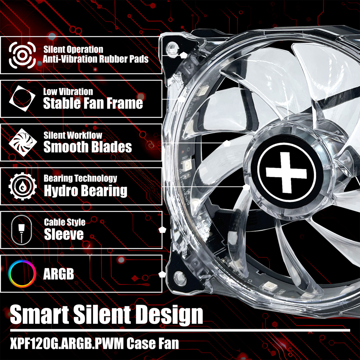 A clear computer fan with blades is shown. It has a white cross in the center. Text on the left details features like silent operation and ARGB.