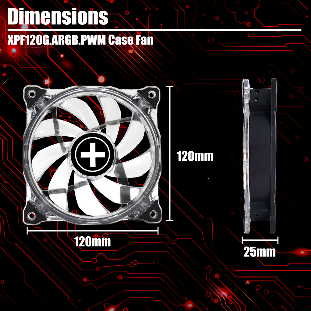 A computer case fan, showing dimensions of 120mm by 120mm, with a side view showing a 25mm thickness. The fan has white blades.