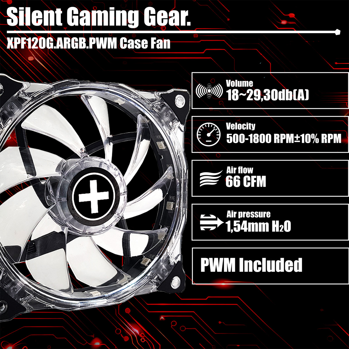 A computer case fan with white blades and a plus symbol at the center. Text displays volume, velocity, airflow, and air pressure.