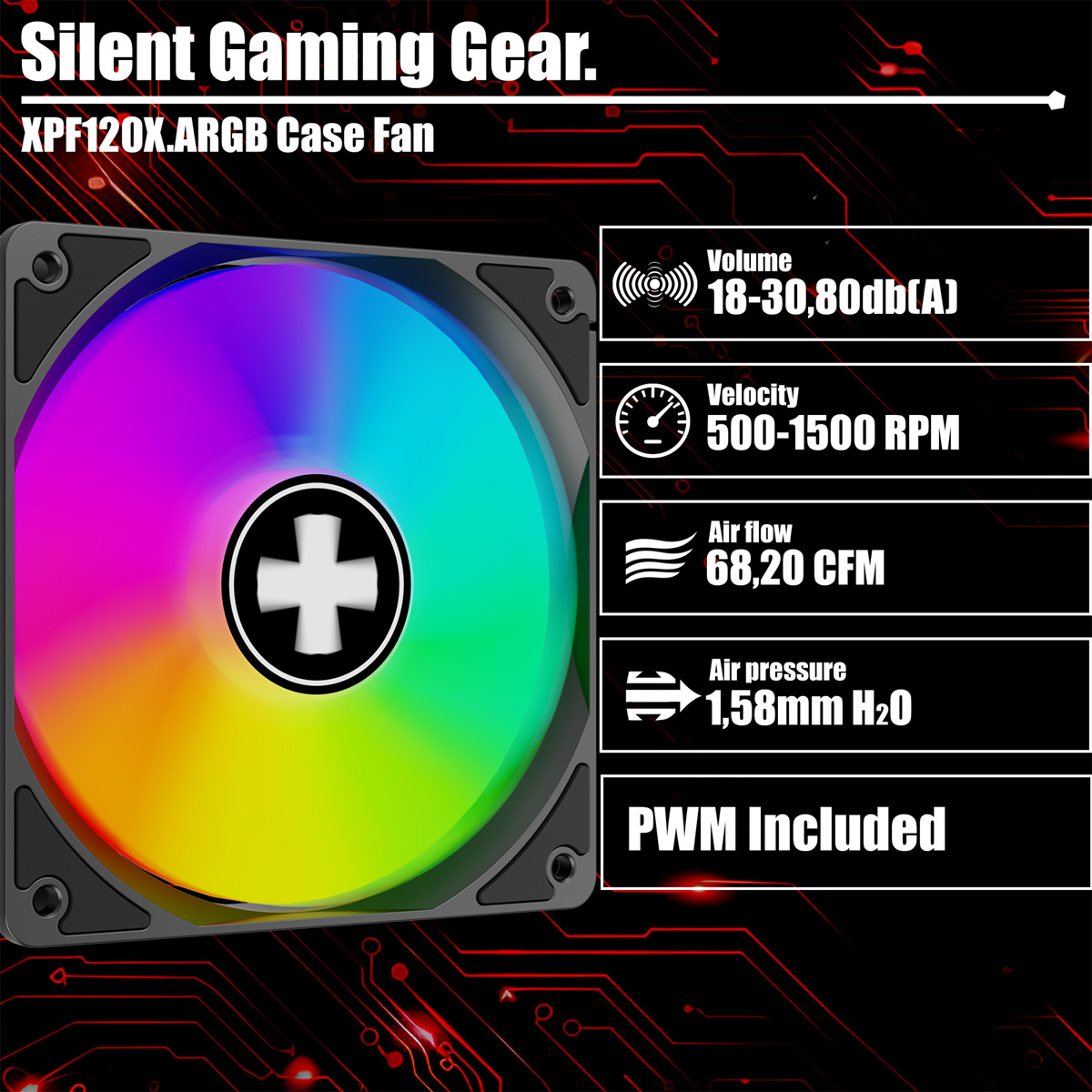 Ein Computer-Gehäuselüfter mit farbenfroher LED-Beleuchtung. Er hat Spezifikationen für Lautstärke, Geschwindigkeit, Luftstrom und Druck. Die Marke ist Silent Gaming Gear.