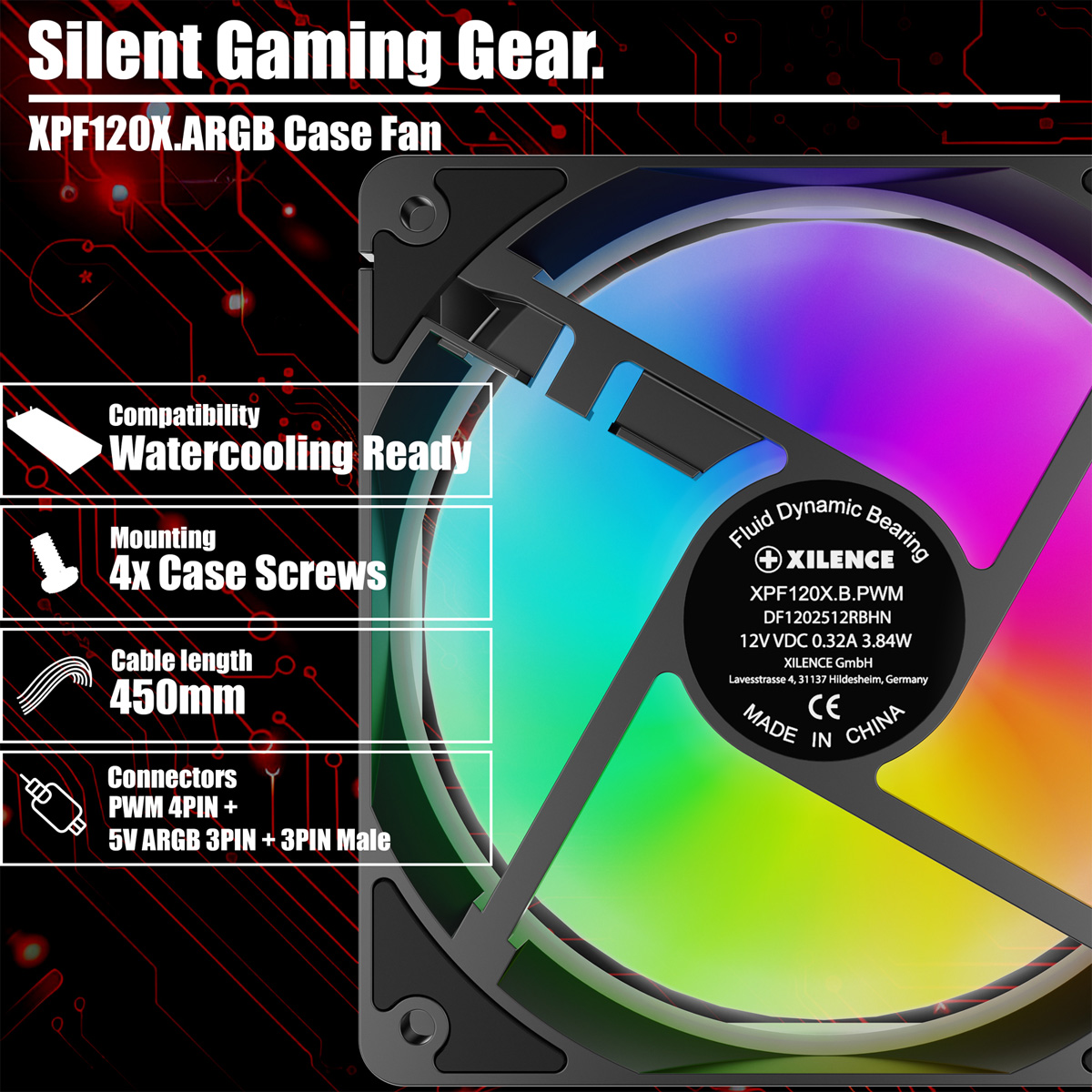 Ein Computerlüfter mit RGB-Beleuchtung wird gezeigt, zusammen mit Details zu Kompatibilität, Montage, Kabellänge und Anschlüssen.