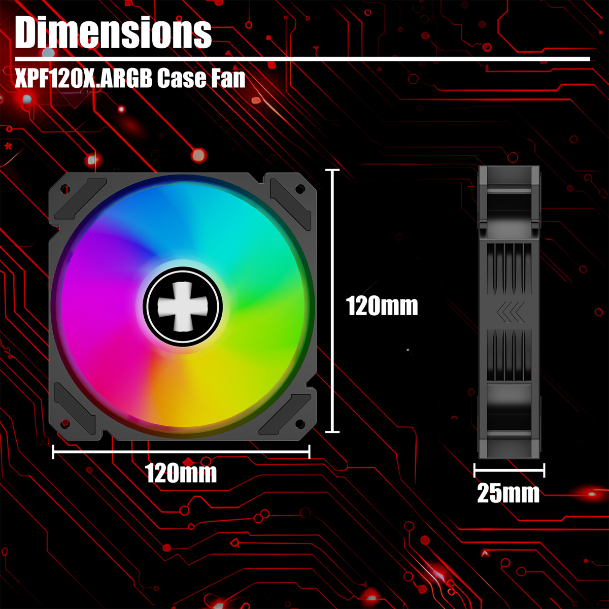 Ein Computerlüfter mit farbigen Flügeln. Abmessungen sind 120 mm x 120 mm x 25 mm. Der Hintergrund ist ein rotes Leiterplattendesign.