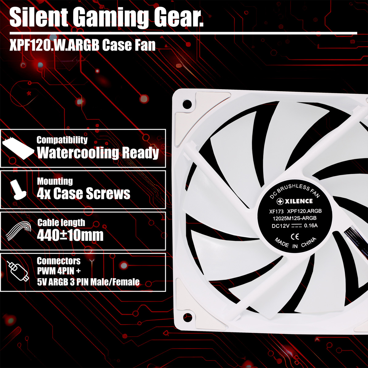 Ein weißer Xilence PC-Gehäuselüfter. Auf dem Lüfter steht 'XPF120.W.ARGB Case Fan'. Zu den Merkmalen gehören Wasserkühlungs-Kompatibilität und 4 Gehäuseschrauben.